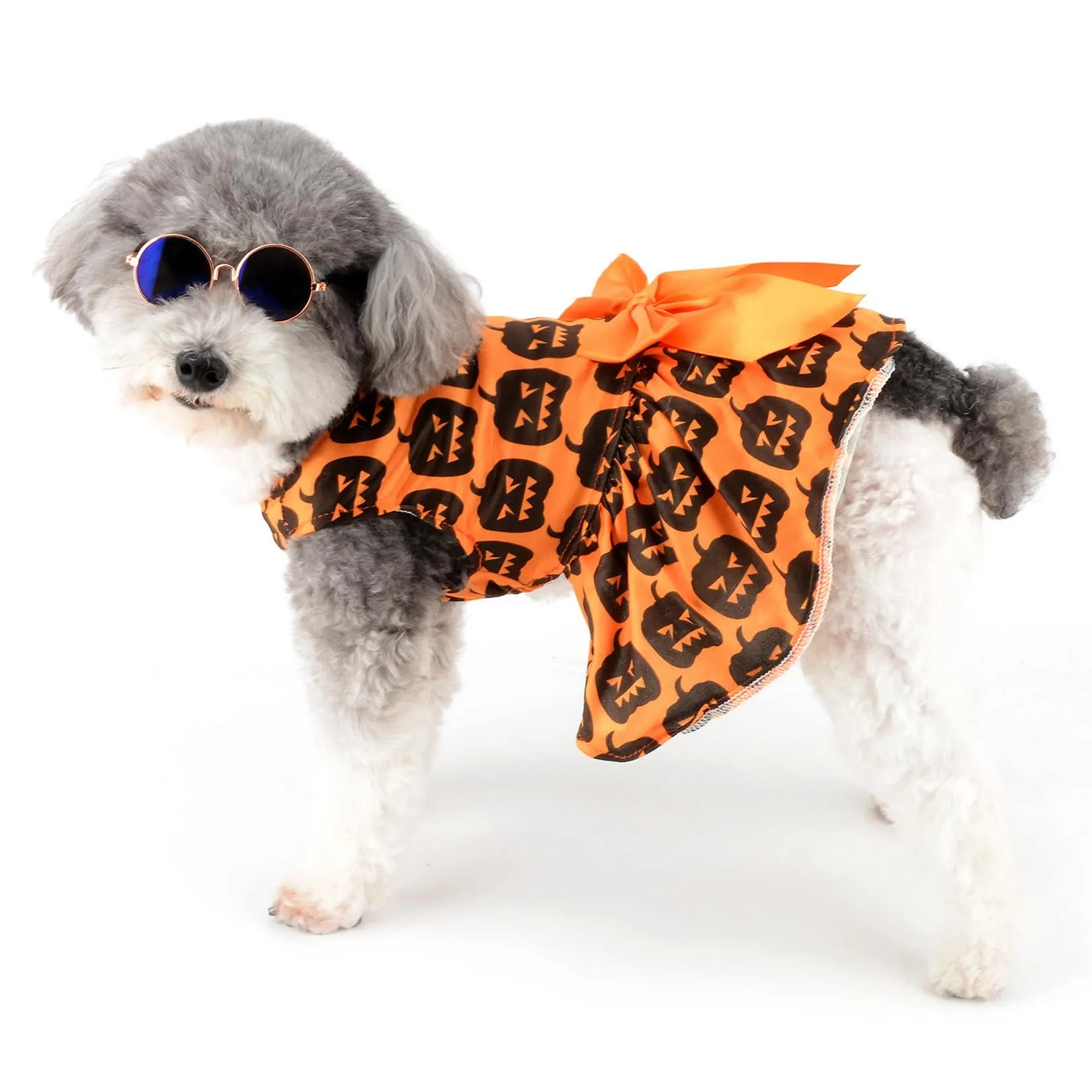 Zunea Vestiti di Halloween per Cani e Gatti di Piccola Taglia, Stampa Zucca con Fiocco e Gonna Morbida - immagine 2