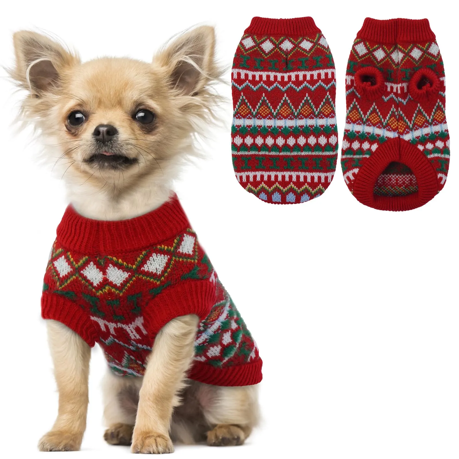 Hjumarayan Maglione Natale per Cane, Boho Maglia Elasticizzata con Bordo a Coste, Rosso-Verde, Taglia S - immagine 1