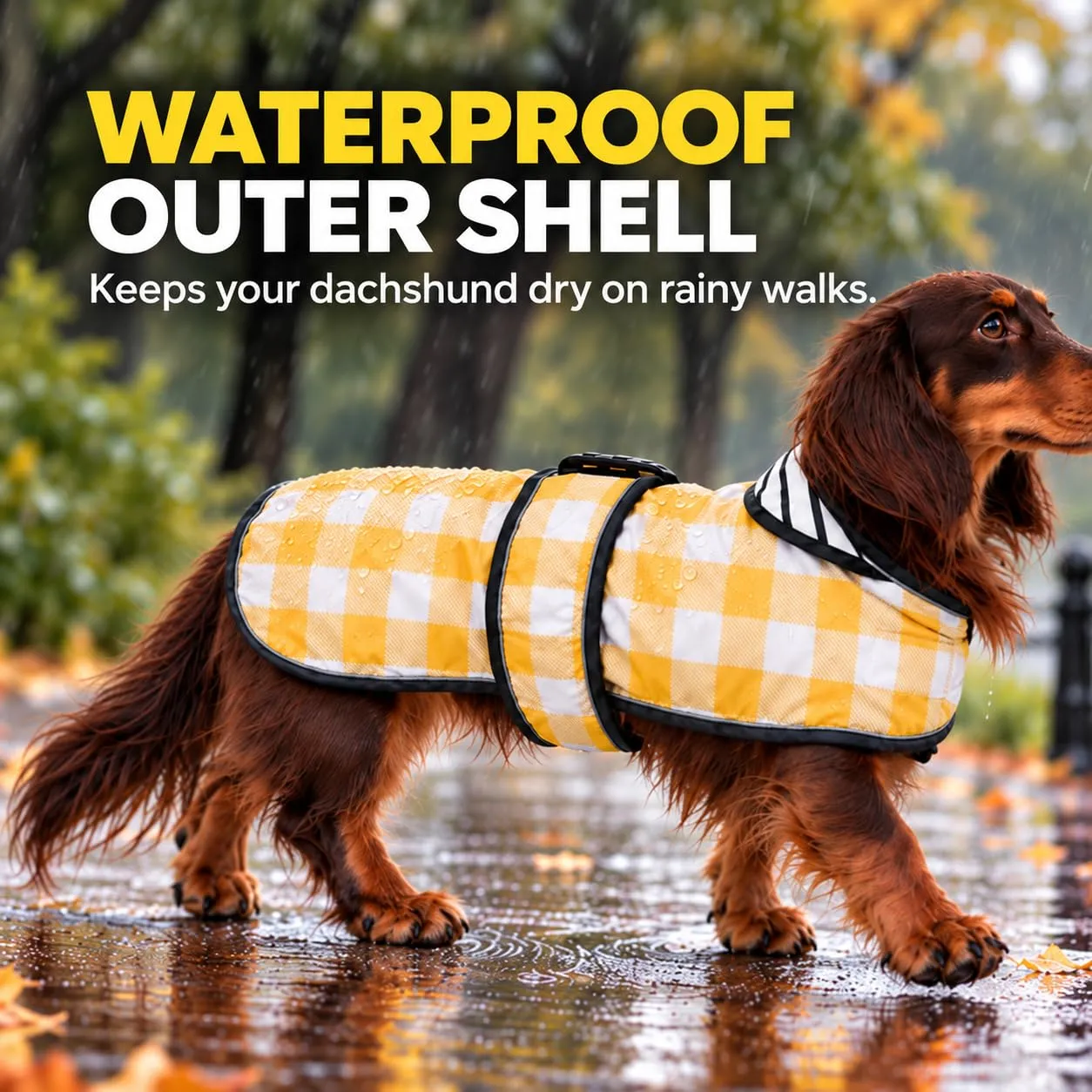 Morezi Impermeabile per cani con strisce riflettenti, gilet regolabile per piccola e media taglia, giallo a quadretti, M - immagine 2