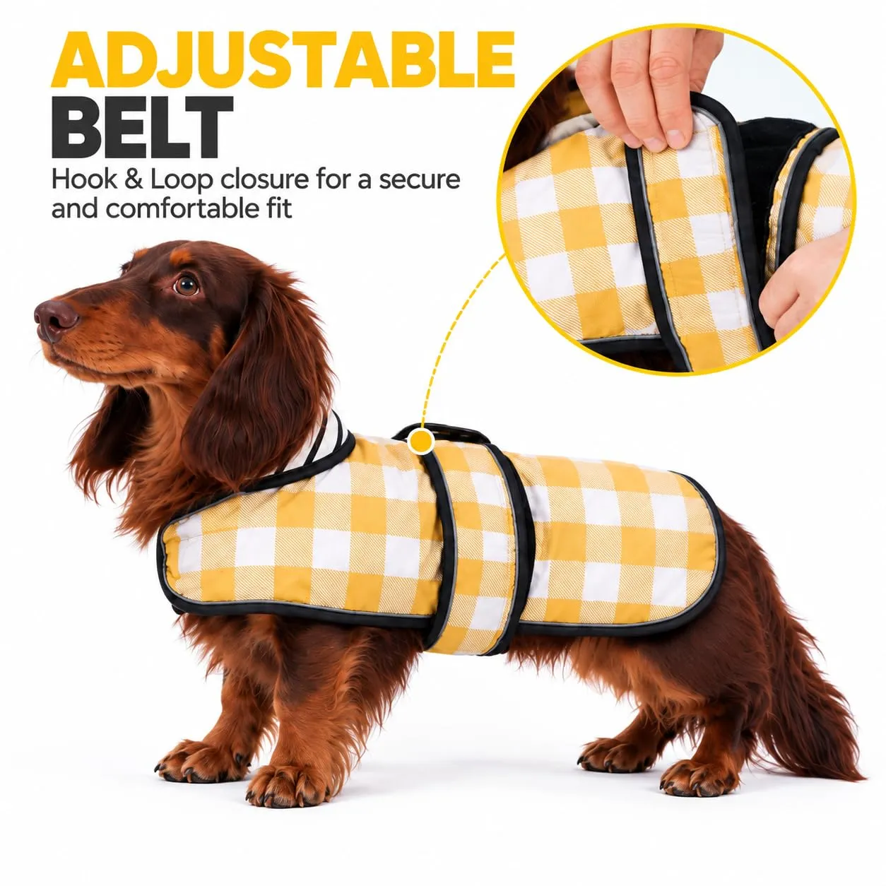 Morezi Impermeabile per cani con strisce riflettenti, gilet regolabile per piccola e media taglia, giallo a quadretti, M - immagine 3