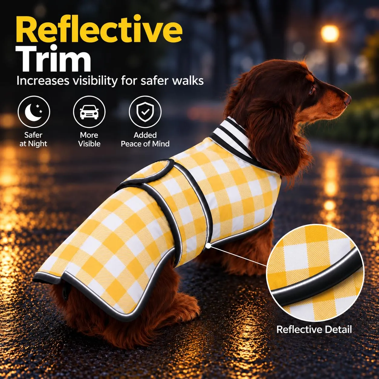 Morezi Impermeabile per cani con strisce riflettenti, gilet regolabile per piccola e media taglia, giallo a quadretti, M - immagine 4