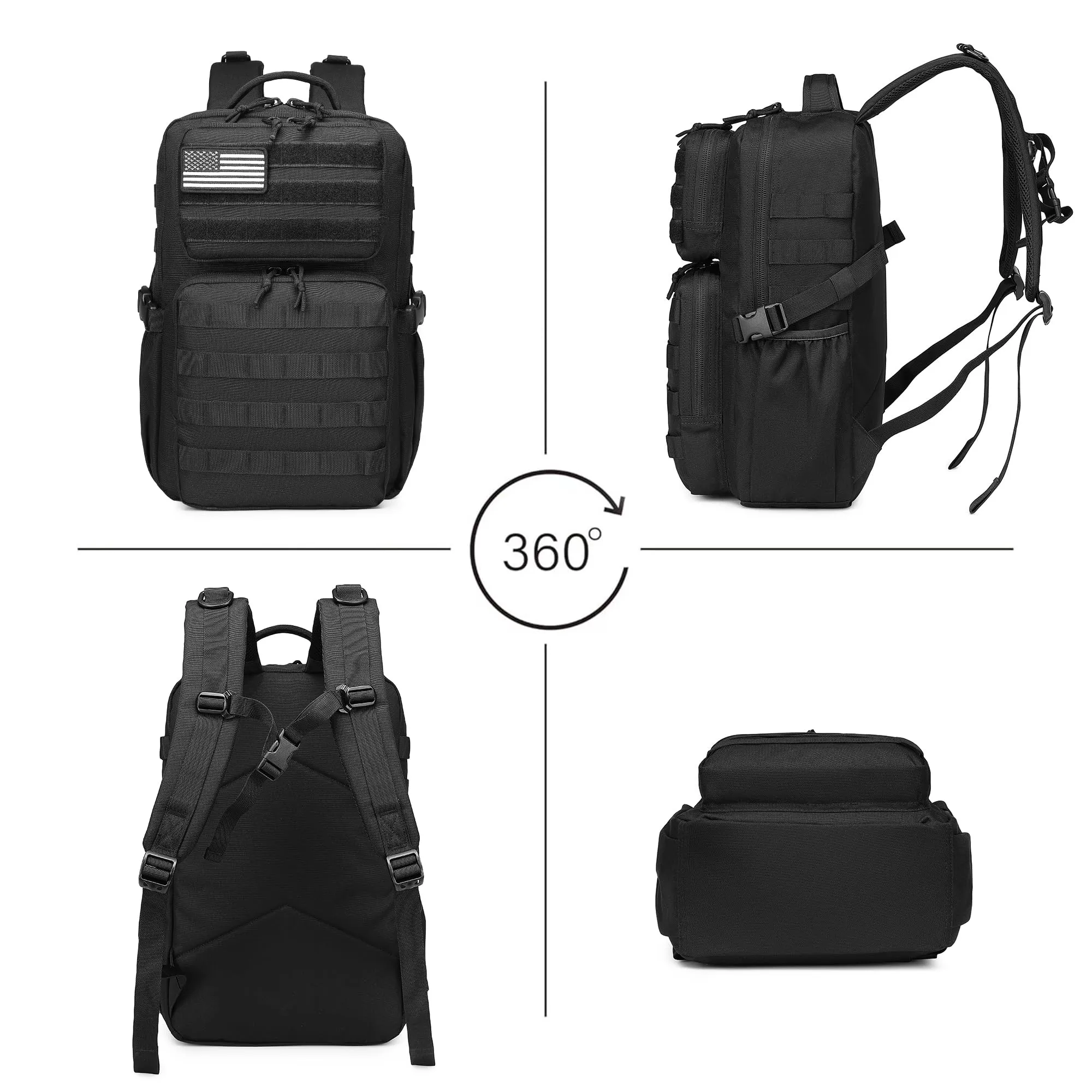 Wotony Zaino Tattico Militare Impermeabile Molle, 30L, Nero - immagine 3