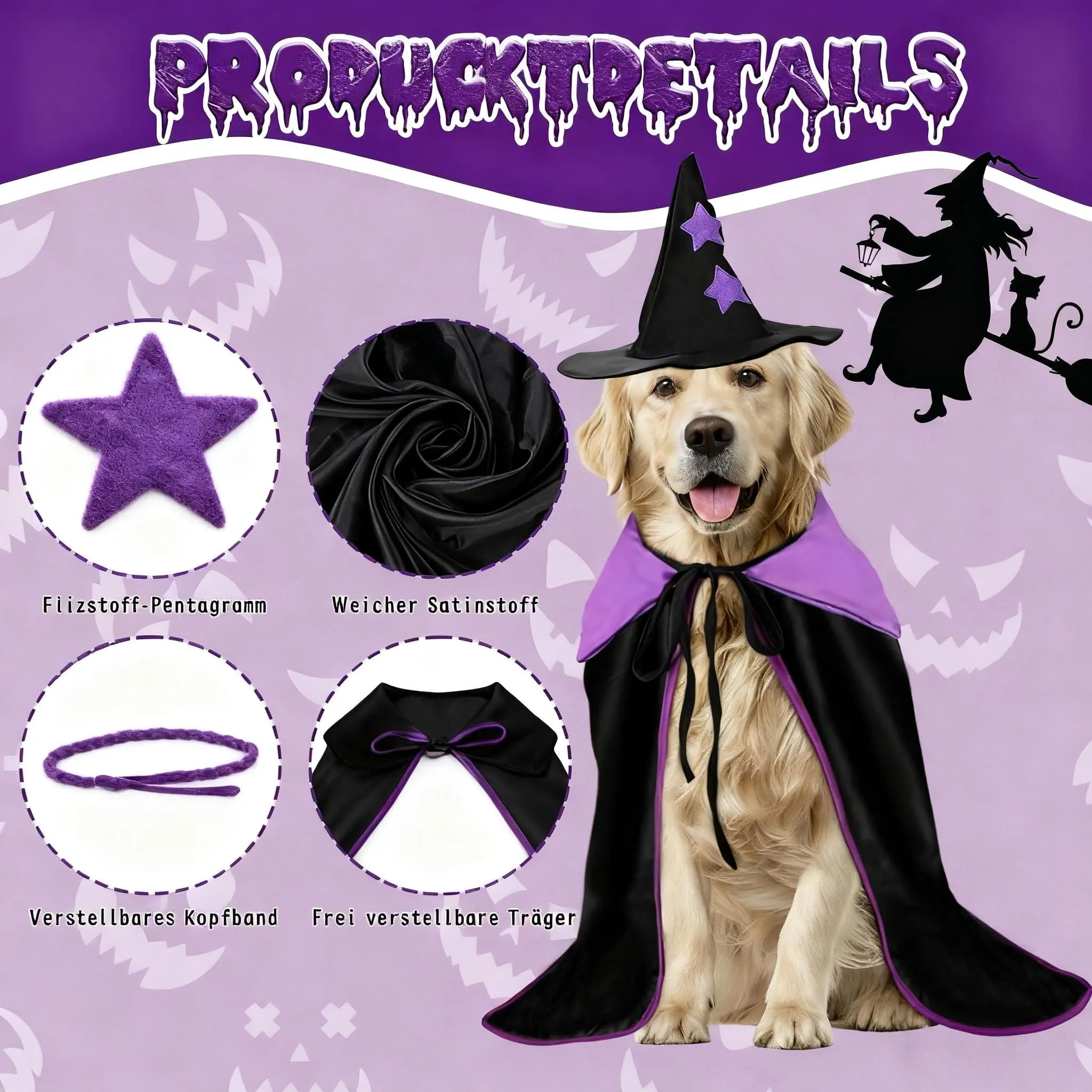 Sbayool Costume di Halloween per Cani Grandi, Mantello da Mago e Cappello da Strega, L - immagine 2