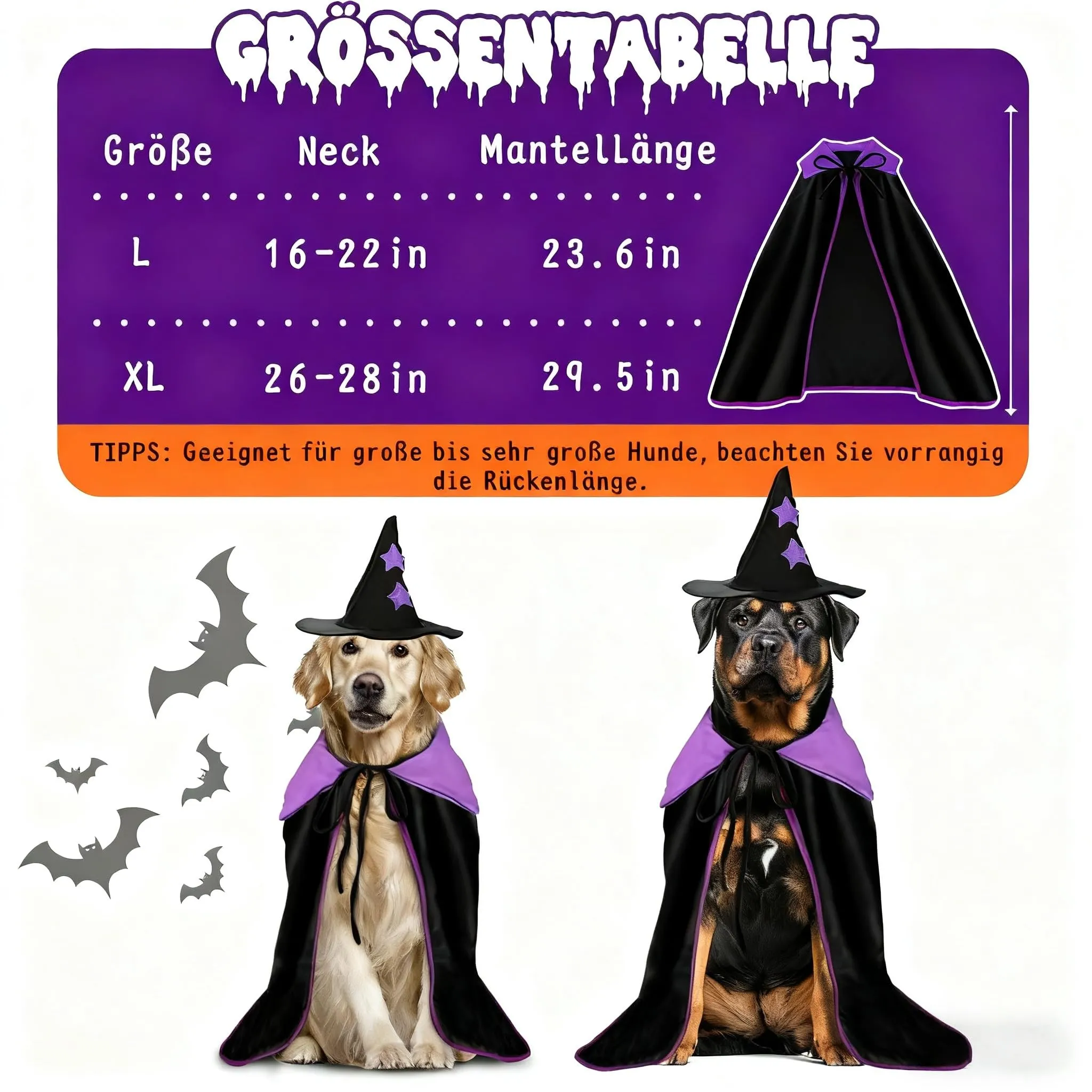 Sbayool Costume di Halloween per Cani Grandi, Mantello da Mago e Cappello da Strega, L - immagine 3