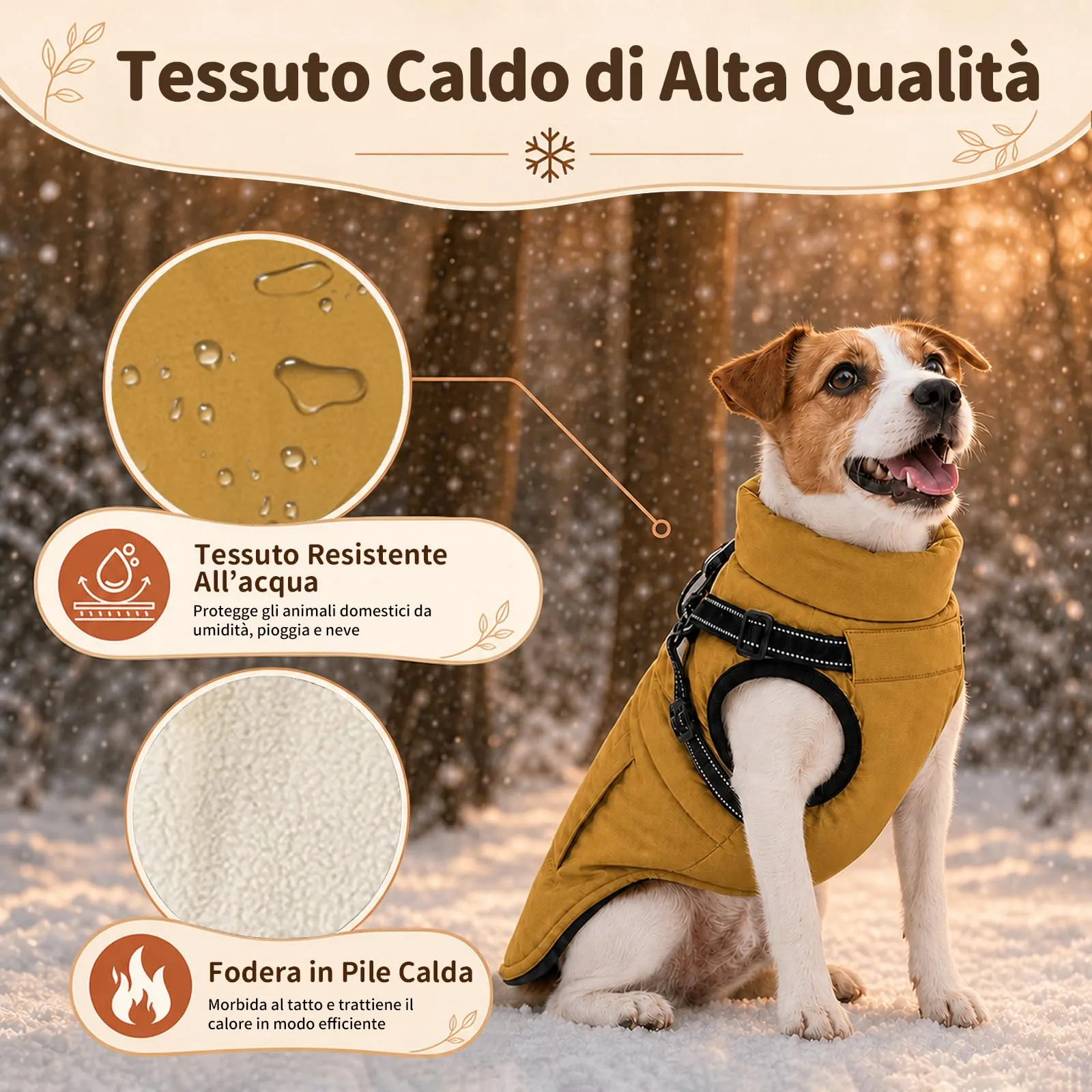 DoggieKit Cappotto Invernale Impermeabile per Cani con Pettorina 2 in 1, Giallo Ruggine, Taglia L - immagine 3