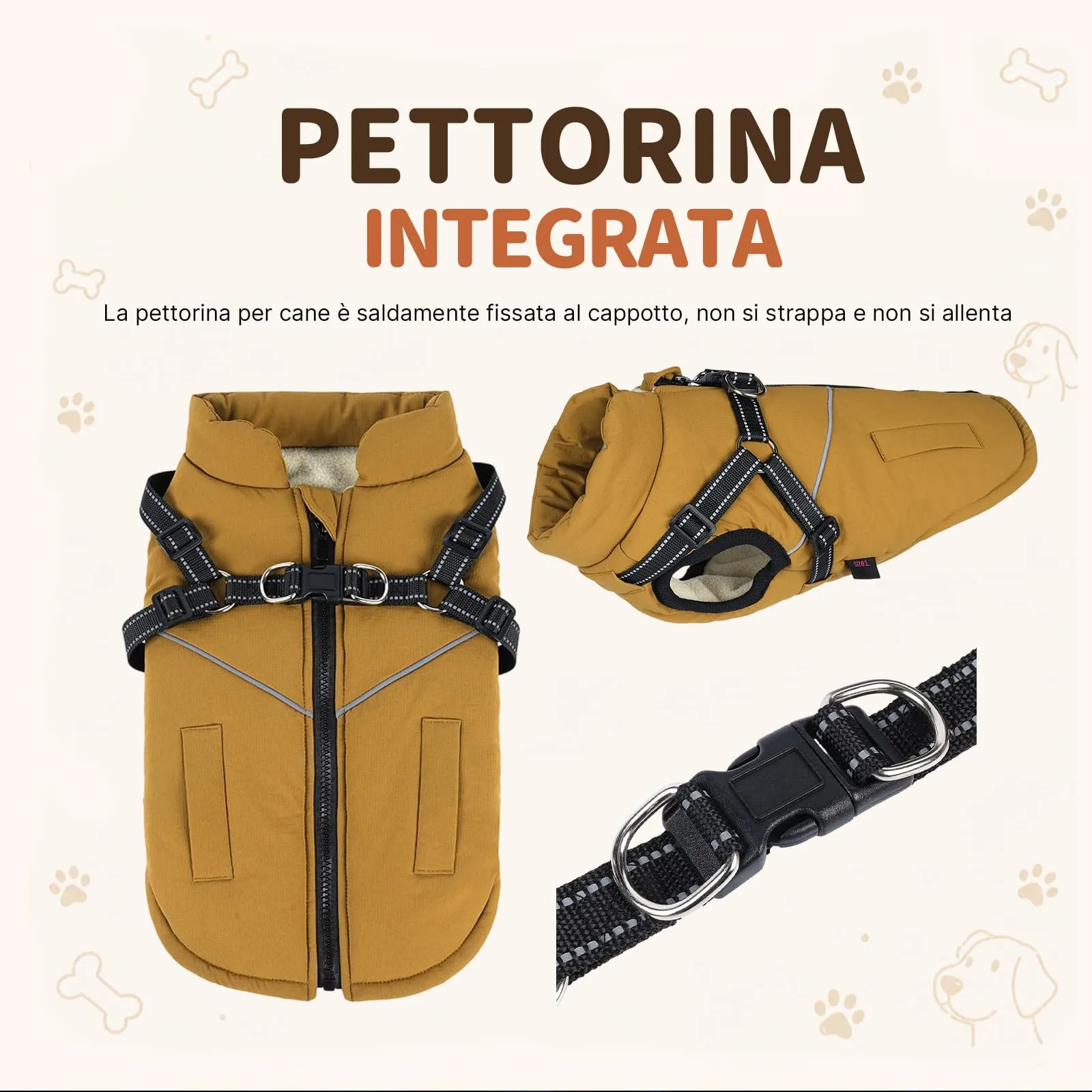 DoggieKit Cappotto Invernale Impermeabile per Cani con Pettorina 2 in 1, Giallo Ruggine, Taglia L - immagine 4