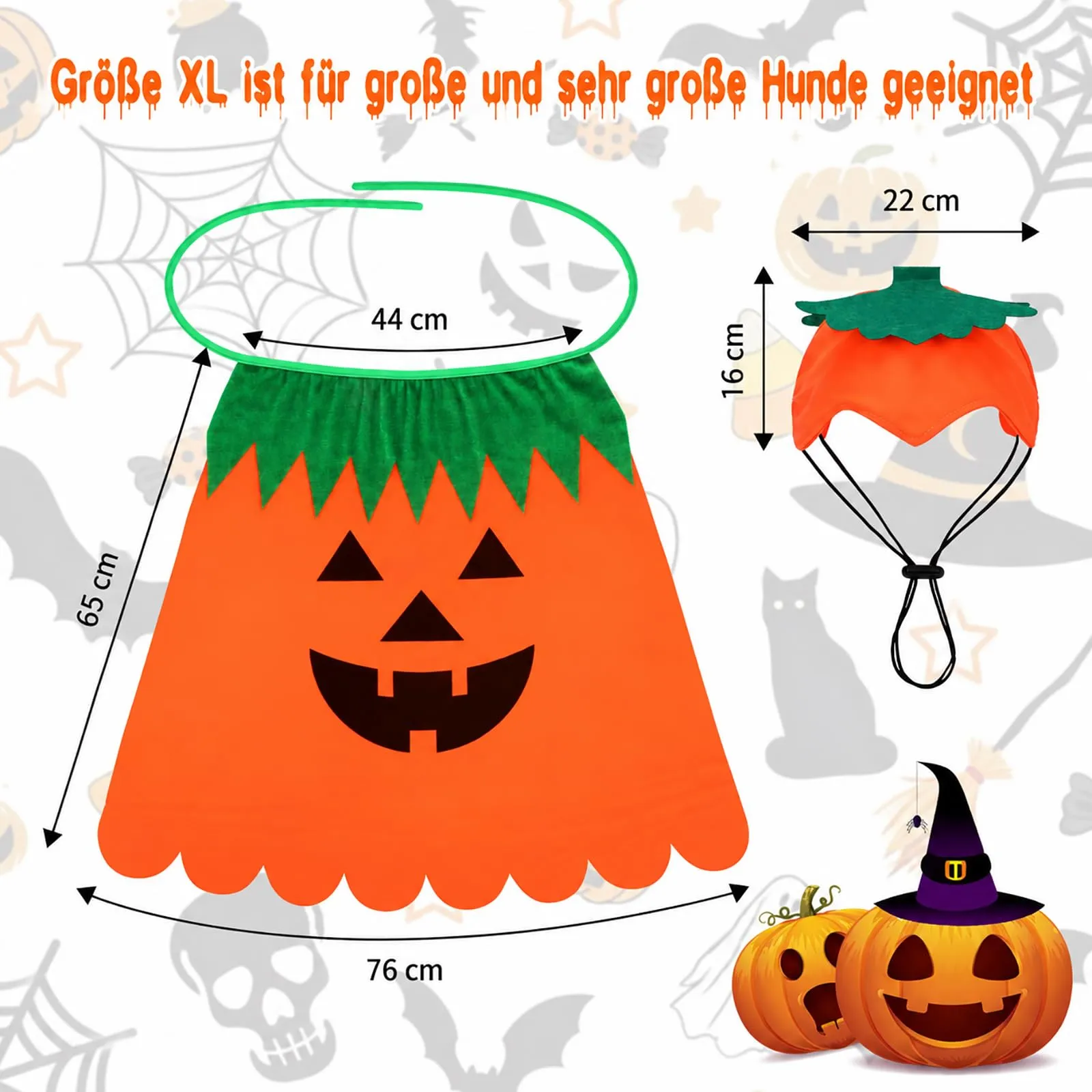 Sbayool Costume di Halloween per cani di grossa taglia, set con mantello e cappello zucca, XL - immagine 3