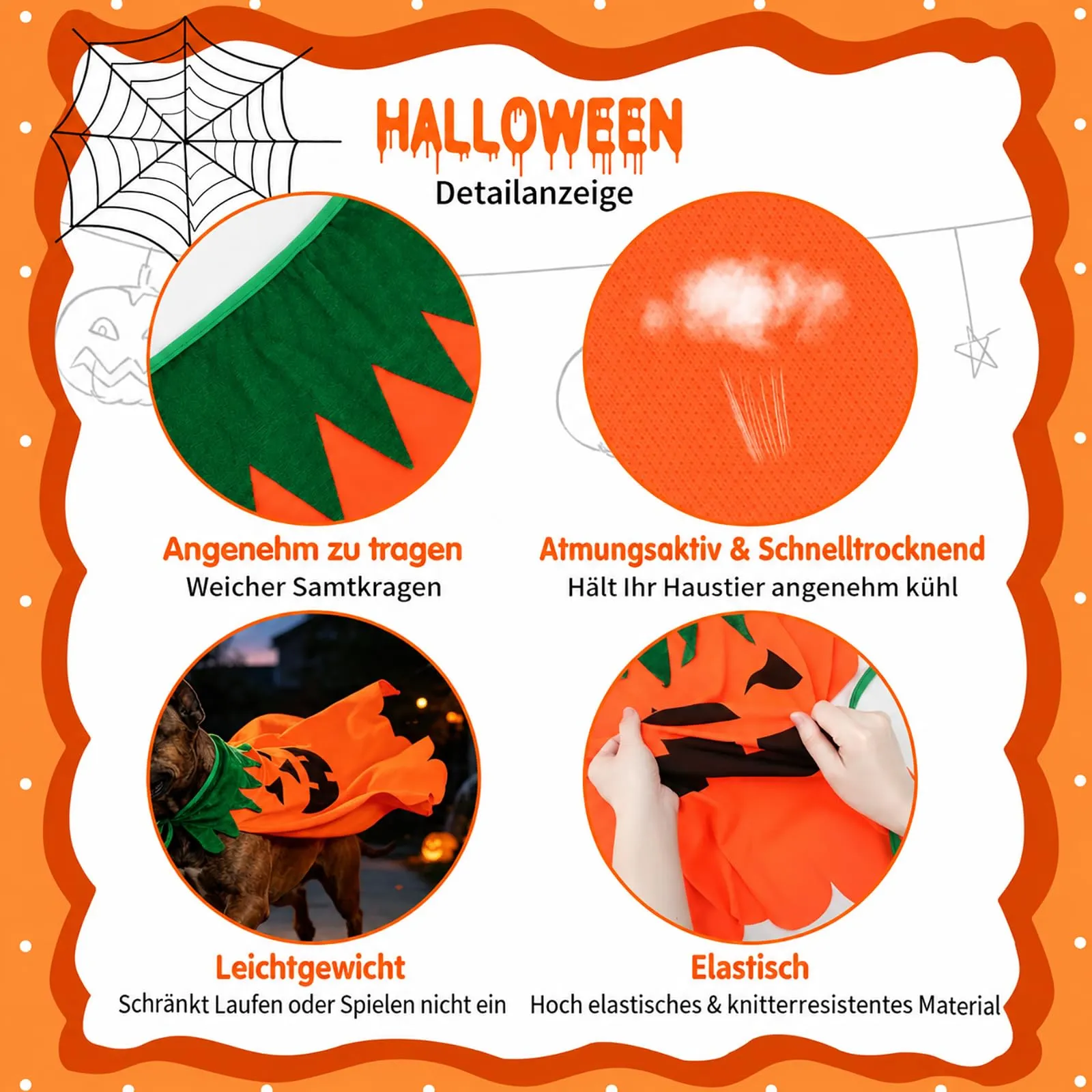 Sbayool Costume di Halloween per cani di grossa taglia, set con mantello e cappello zucca, XL - immagine 4
