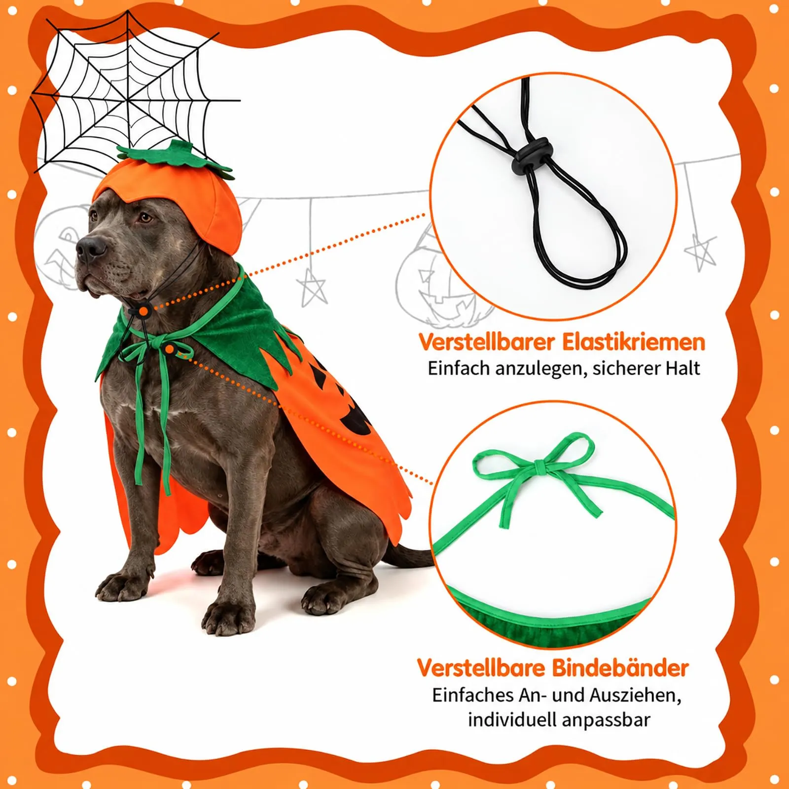 Sbayool Costume di Halloween per cani di grossa taglia, set con mantello e cappello zucca, XL - immagine 5
