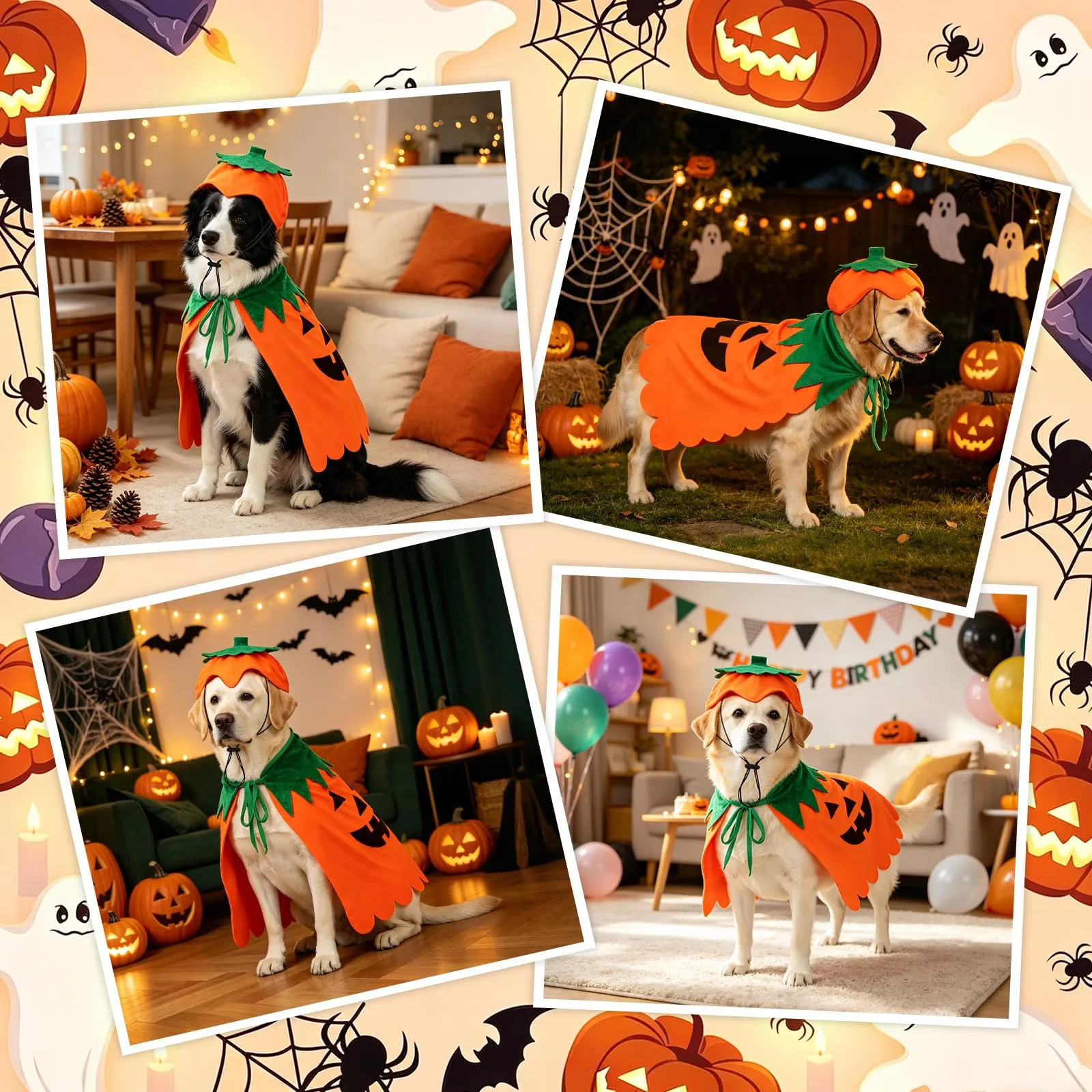 Sbayool Costume di Halloween per cani di grossa taglia, set con mantello e cappello zucca, XL - immagine 7