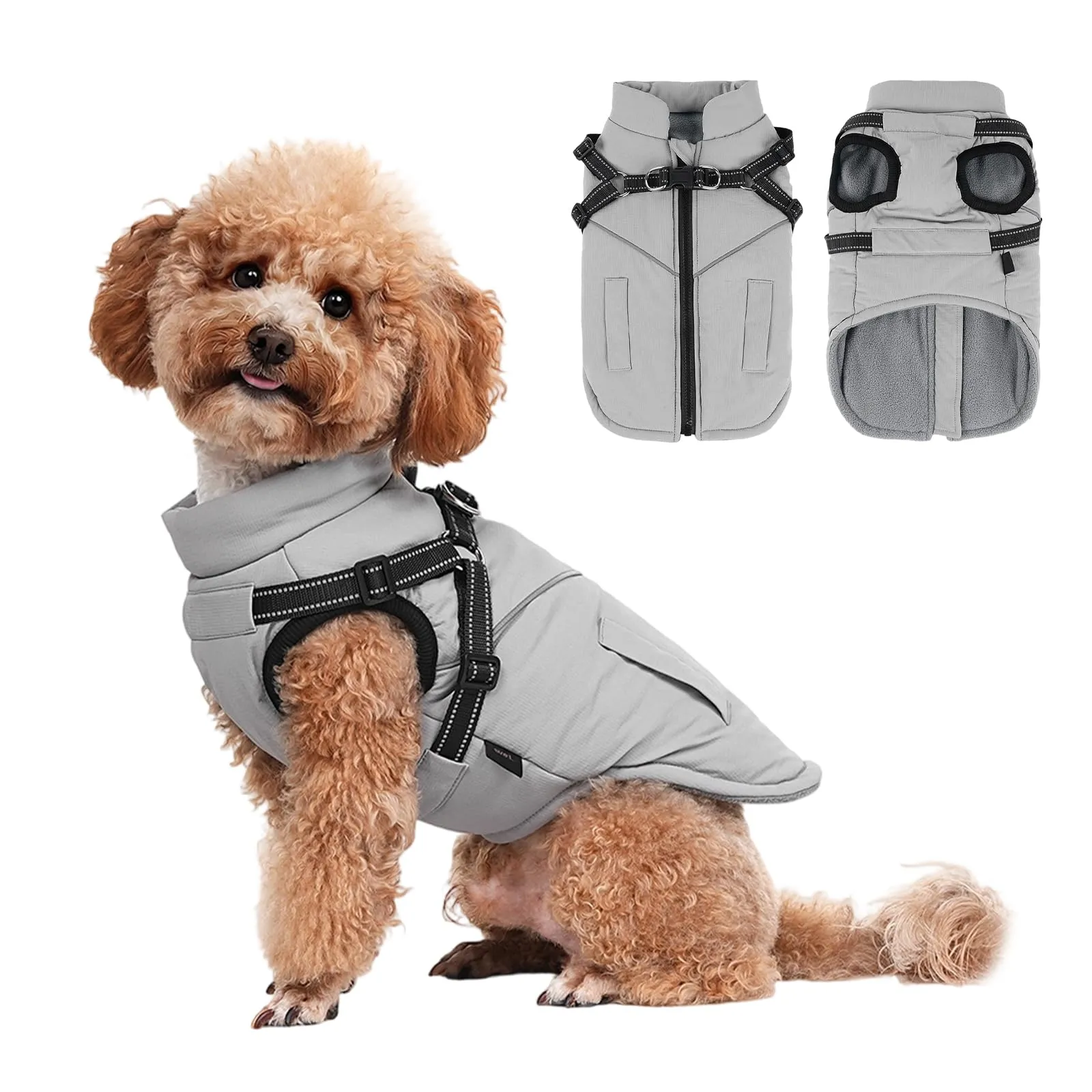 DoggieKit Cappotto Cane Invernale Impermeabile con Pettorina, Grigio, Taglia L - immagine 1