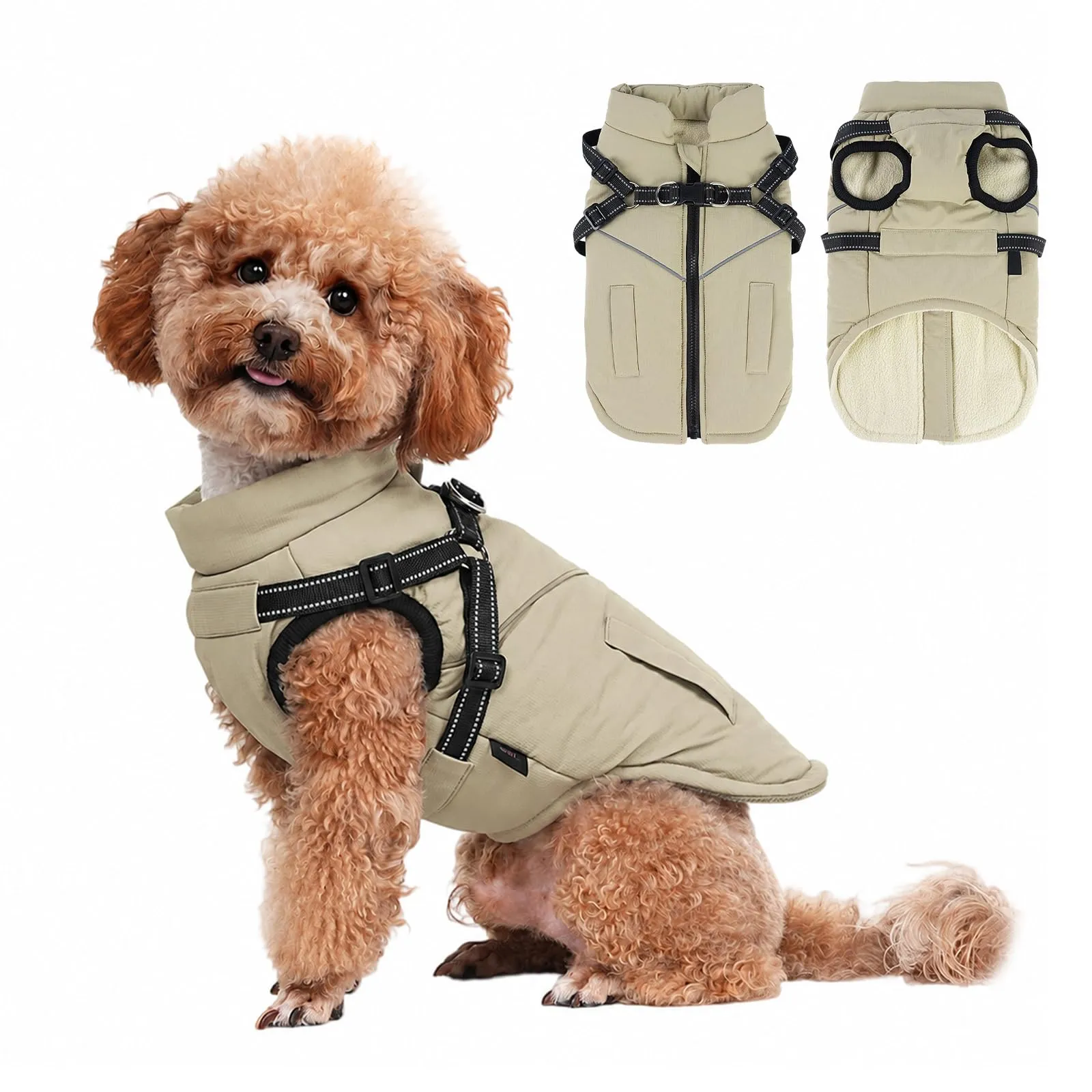 DoggieKit Cappotto Invernale Impermeabile per Cani con Pettorina 2 in 1, Taglia L, Cachi - immagine 1