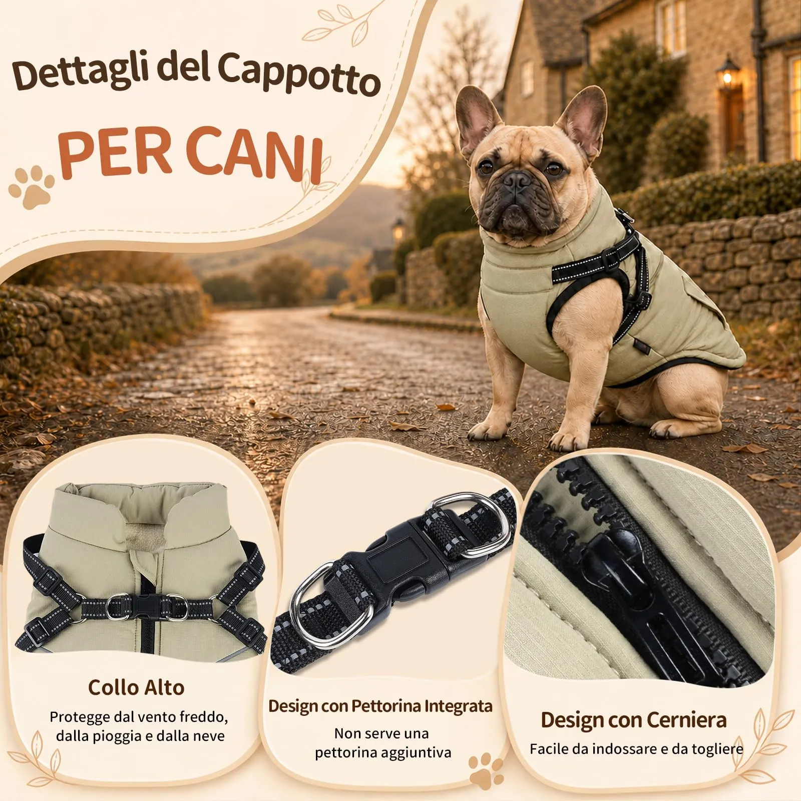 DoggieKit Cappotto Invernale Impermeabile per Cani con Pettorina 2 in 1, Taglia M, Cachi - immagine 2