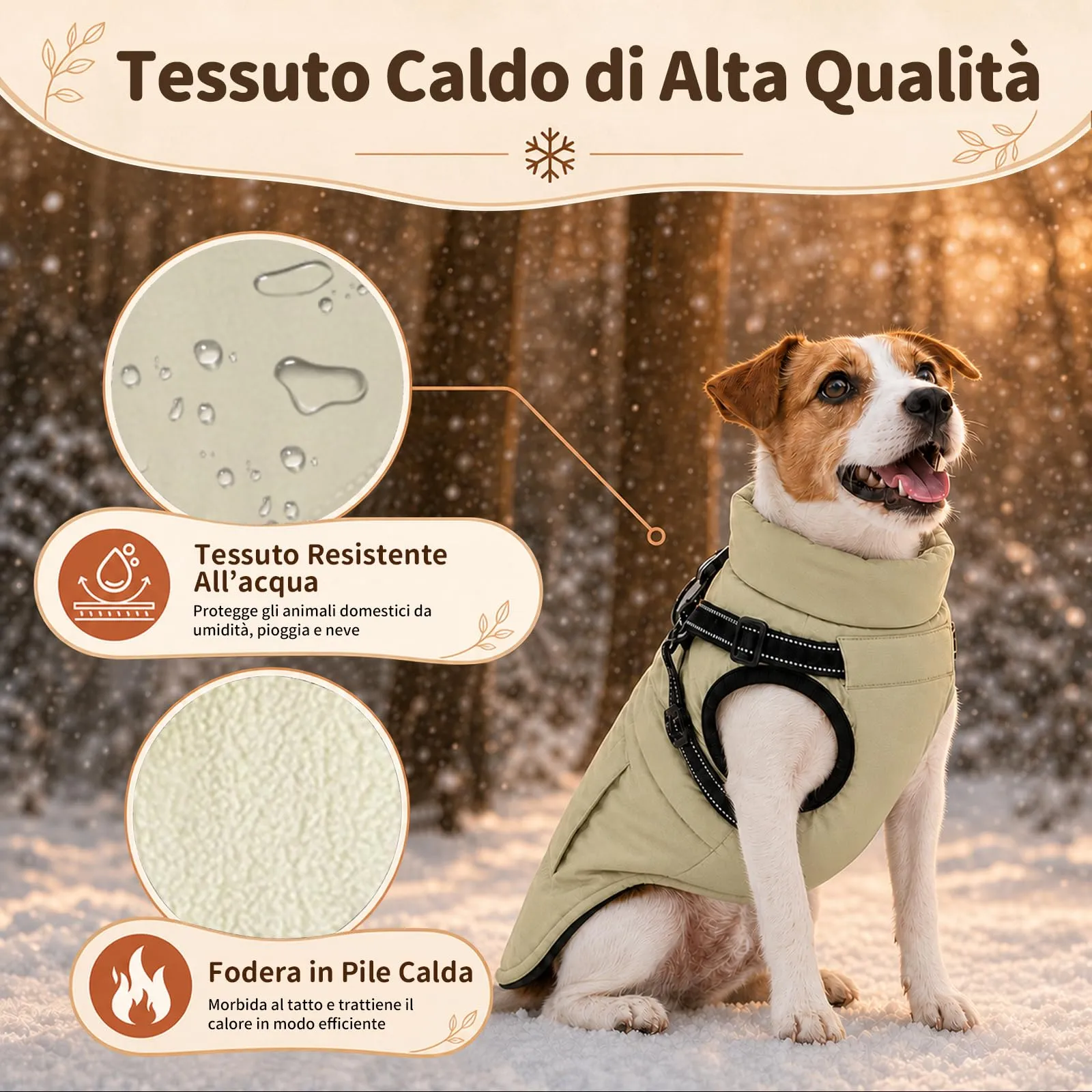 DoggieKit Cappotto Invernale Impermeabile per Cani con Pettorina 2 in 1, Taglia M, Cachi - immagine 3