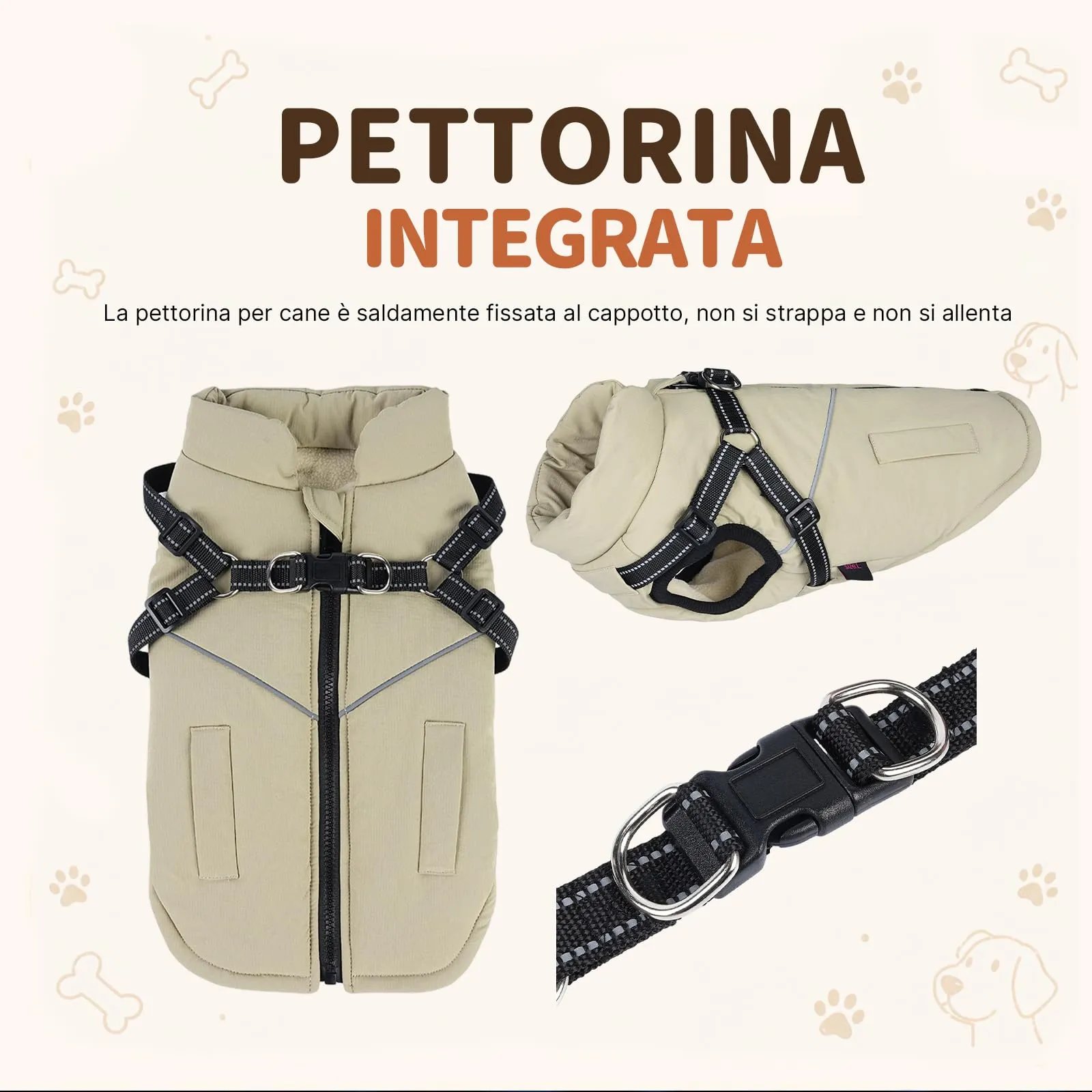 DoggieKit Cappotto Invernale Impermeabile per Cani con Pettorina 2 in 1, Taglia M, Cachi - immagine 4