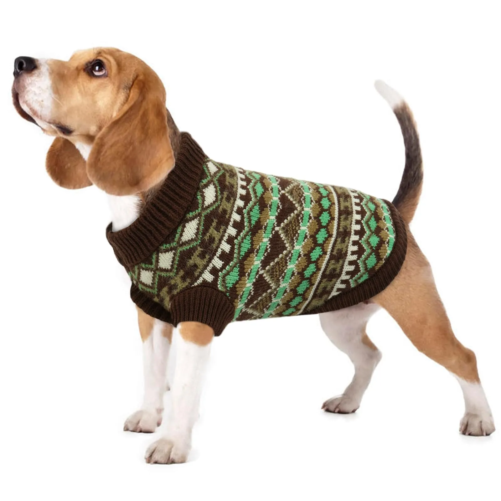 Hjumarayan Maglione Bohémien per Cani, Lavorato a Maglia Invernale con Foro per Imbracatura, Marrone e Verde, XL - immagine 1