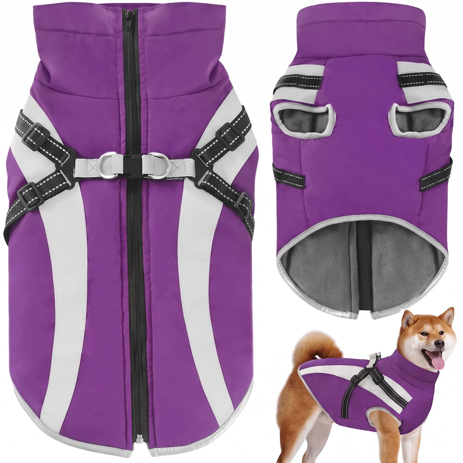 Oslueidy Cappotto Impermeabile per Cane con Harness, Giacca Calda Antivento per Cani di Piccola e Media Taglia, 3XL, Violetta - immagine 1