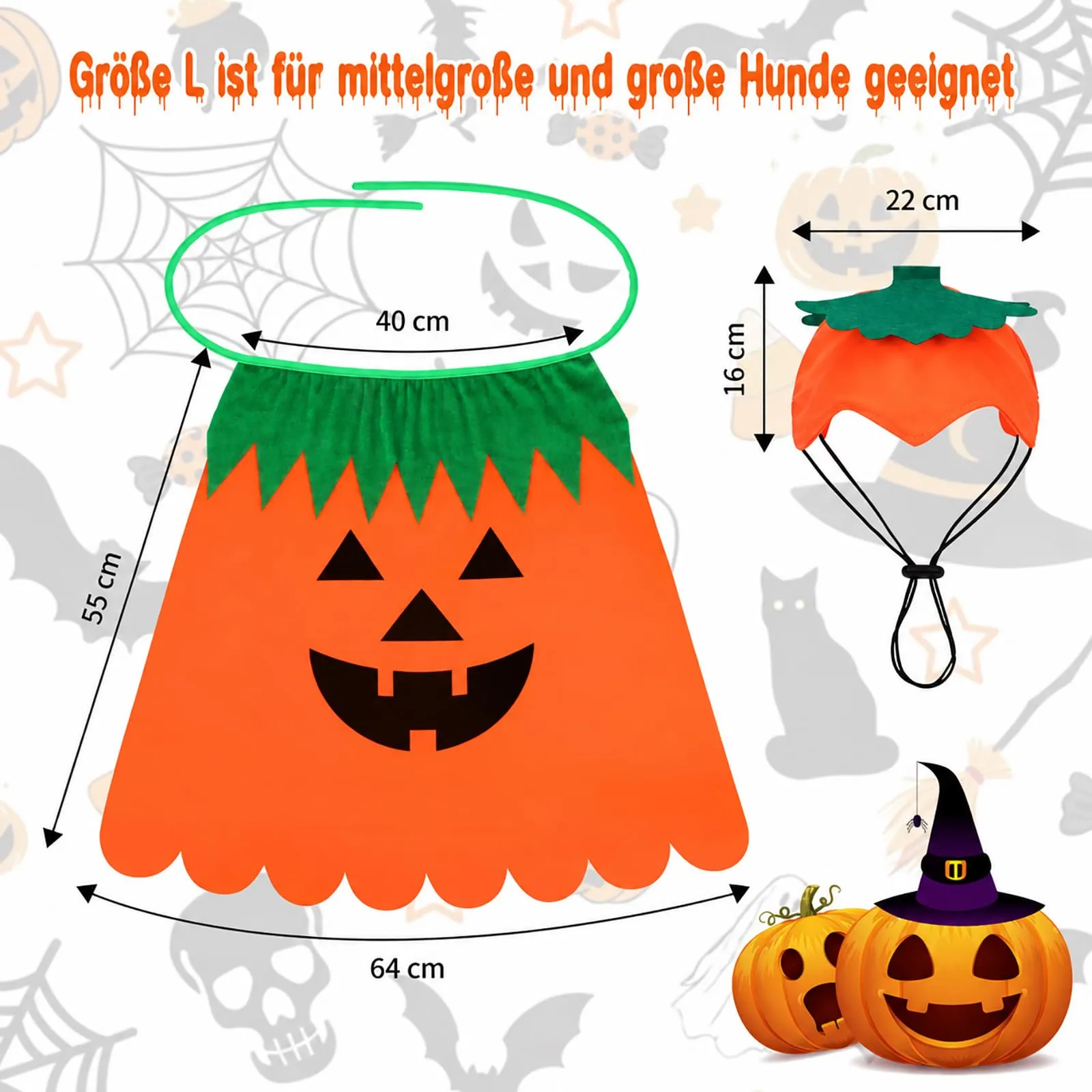 Sbayool Costume di Halloween per cani di grossa taglia con mantello e cappello zucca, Taglia L - immagine 3