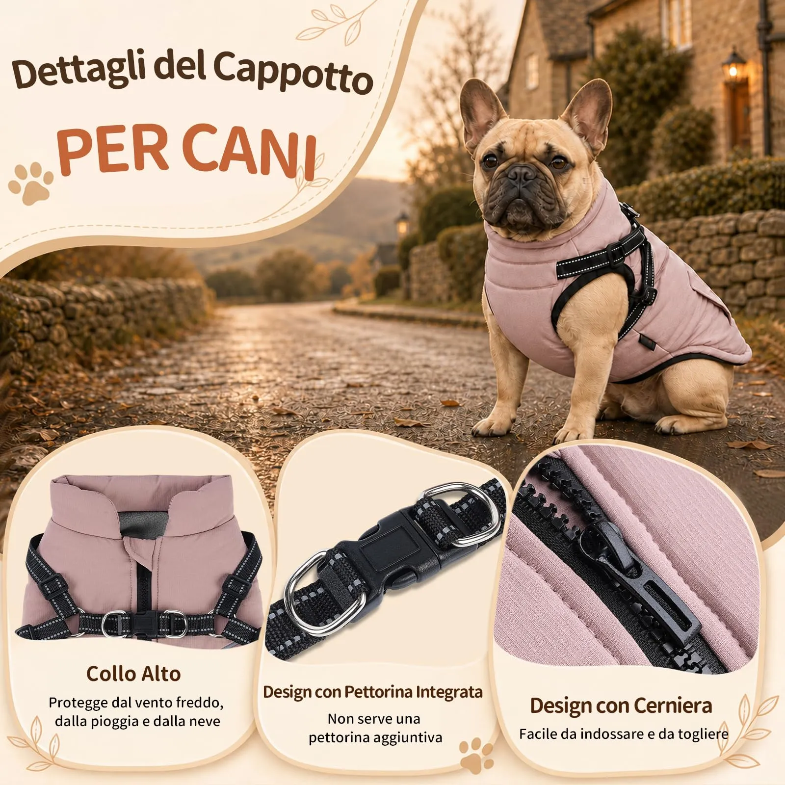 DoggieKit Cappotto Invernale Impermeabile per Cani con Pettorina 2 in 1, Rosa, Taglia L - immagine 2