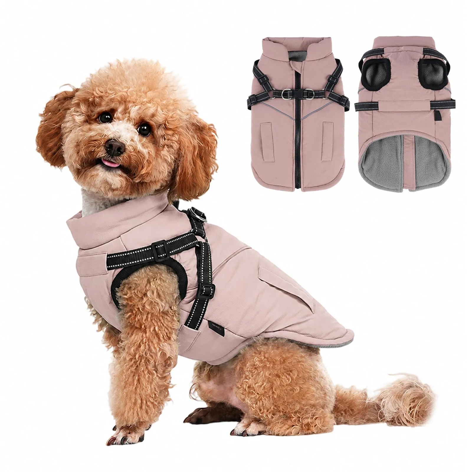 DoggieKit Cappotto Invernale Impermeabile per Cani con Pettorina, Rosa, Taglia S - immagine 1