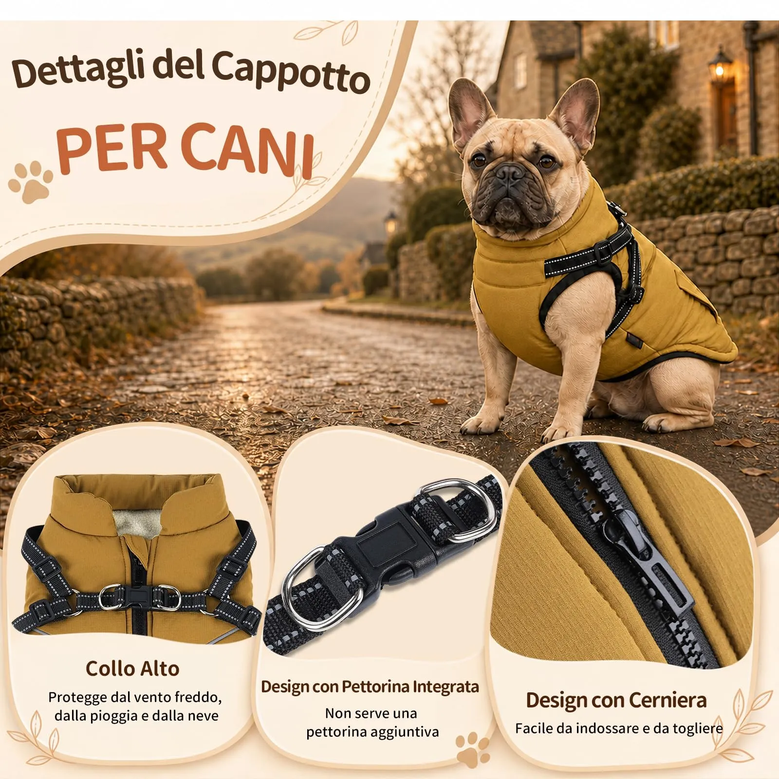 DoggieKit Cappotto Invernale Impermeabile per Cani con Pettorina 2 in 1, Giallo Ruggine, Taglia S - immagine 2