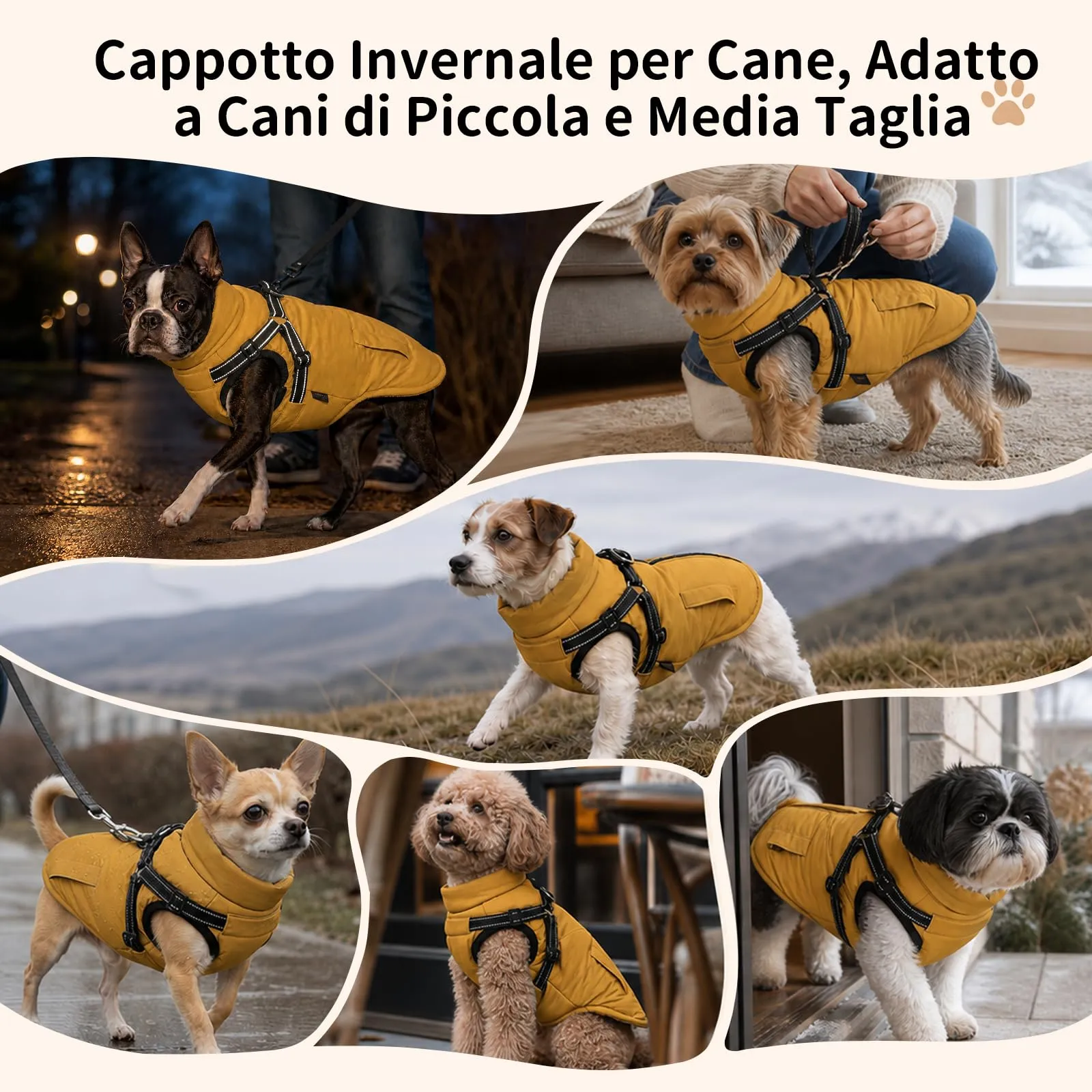 DoggieKit Cappotto Invernale Impermeabile per Cani con Pettorina 2 in 1, Giallo Ruggine, Taglia S - immagine 7