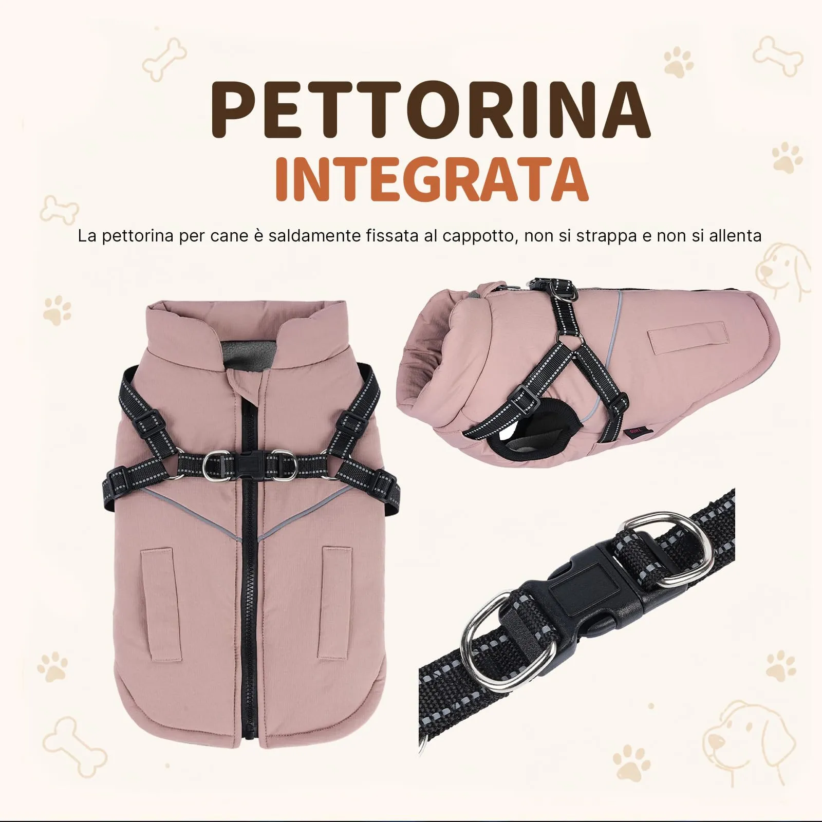 DoggieKit Cappotto Invernale Impermeabile per Cani con Pettorina 2 in 1, Rosa, Taglia M - immagine 4