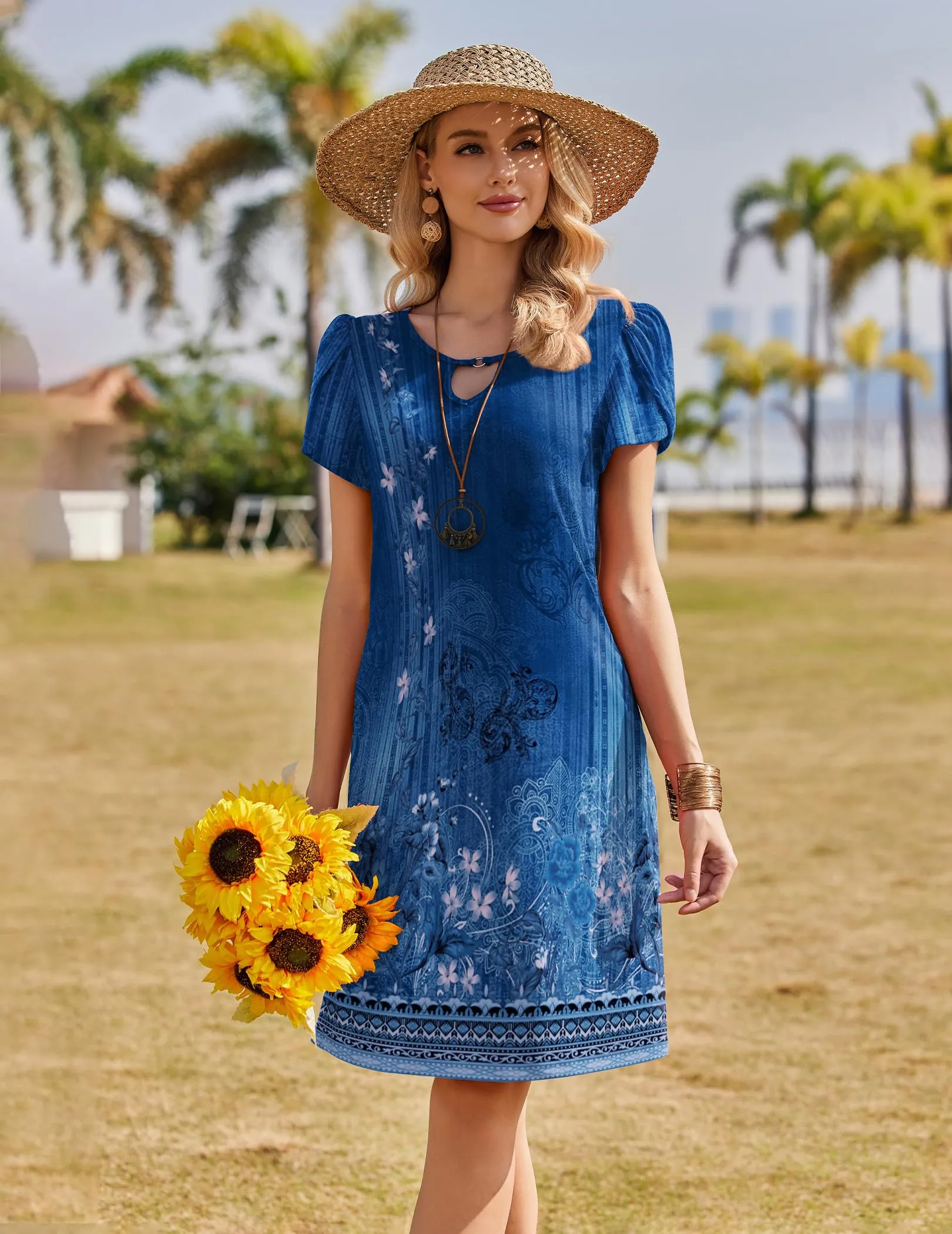 Zeagoo Abito Estivo Donna Linea ad A Floreale Blu 2, L - immagine 2