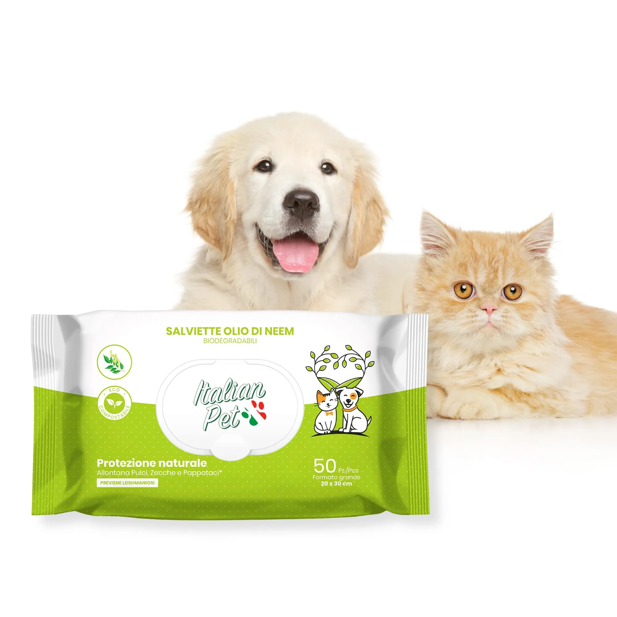 Italian Pet Salviette Biodegradabili all'Olio di Neem Antiparassitarie per Cani e Gatti, 50 Pezzi, 20x30 cm - immagine 1