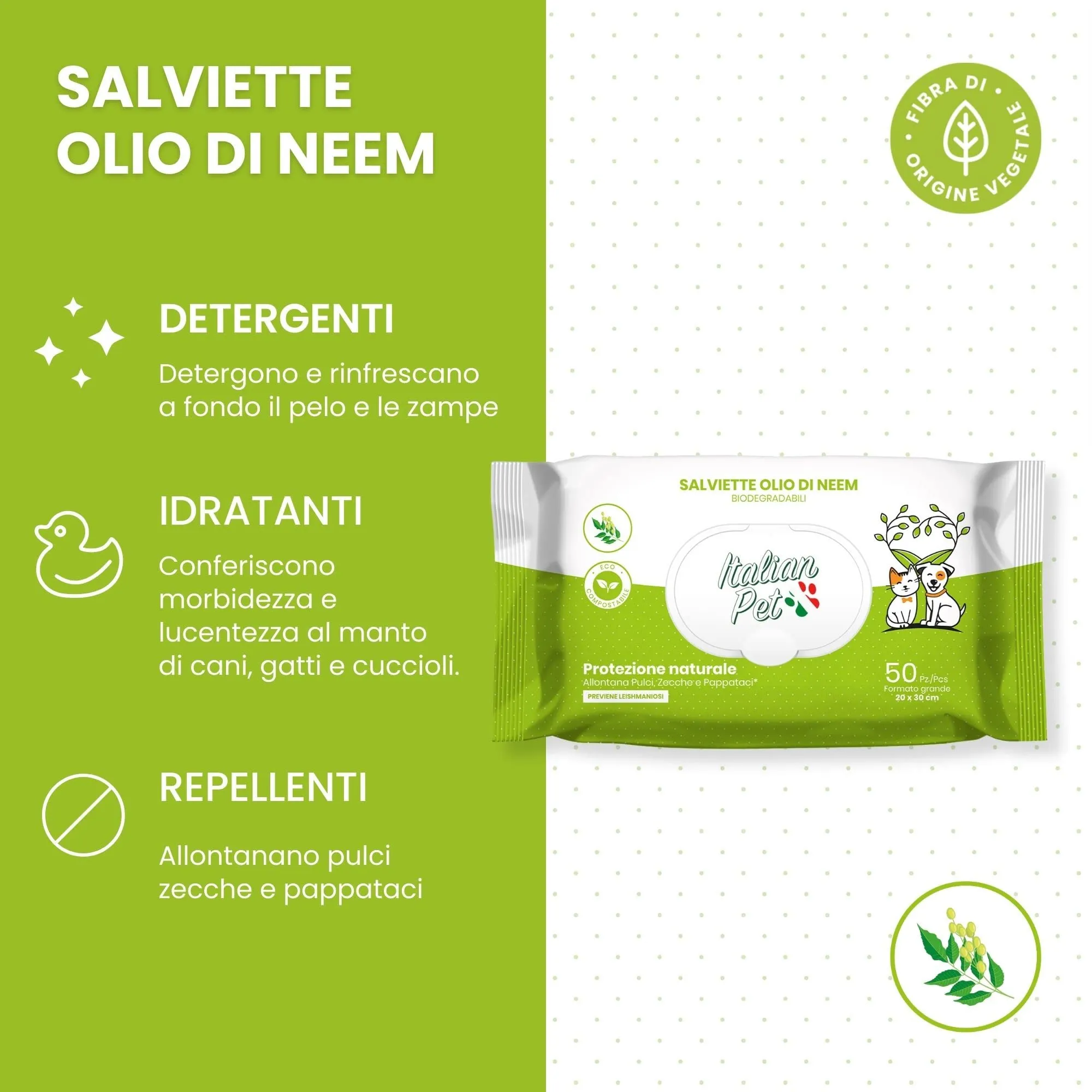 Italian Pet Salviette Biodegradabili all'Olio di Neem Antiparassitarie per Cani e Gatti, 50 Pezzi, 20x30 cm - immagine 4