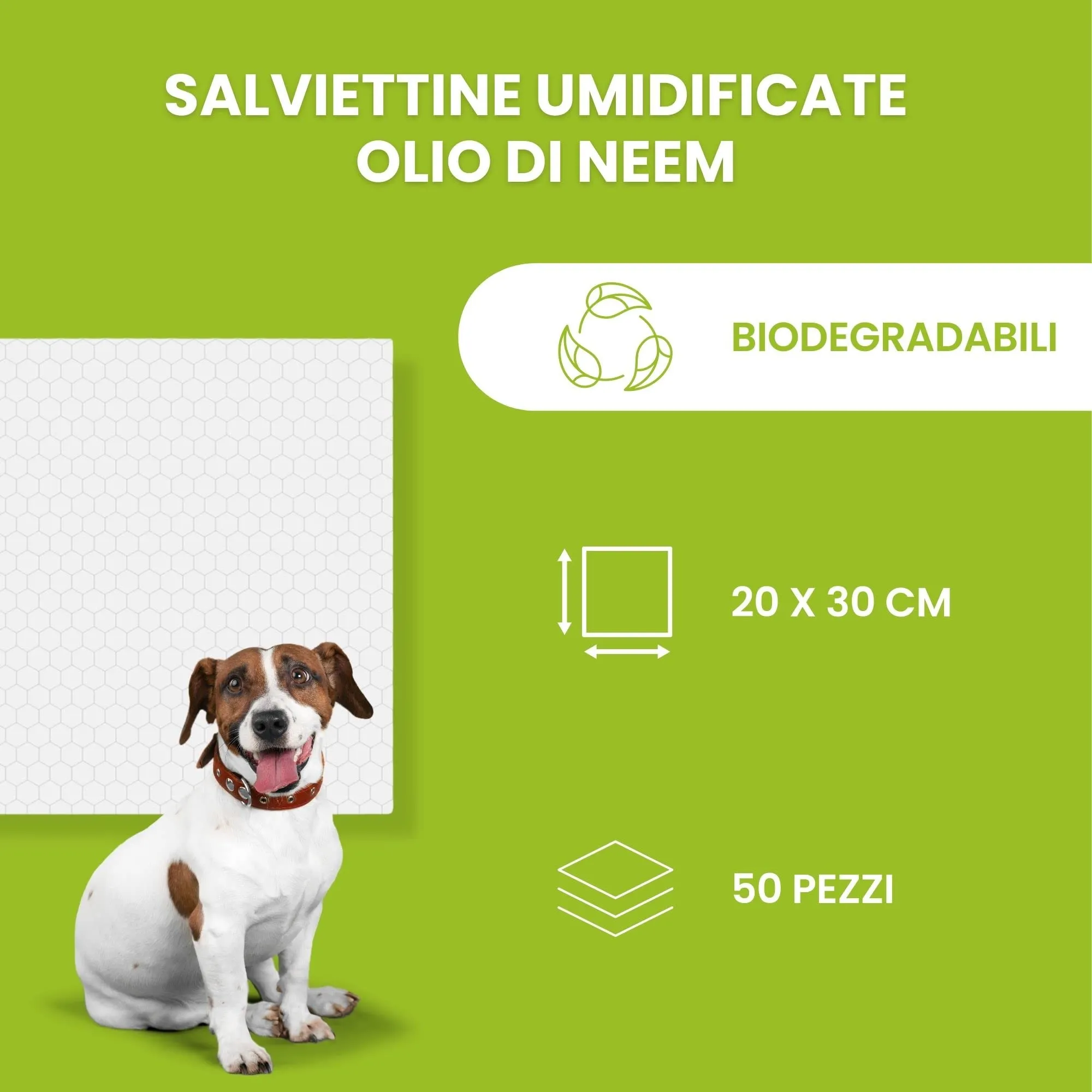 Italian Pet Salviette Biodegradabili all'Olio di Neem Antiparassitarie per Cani e Gatti, 50 Pezzi, 20x30 cm - immagine 5