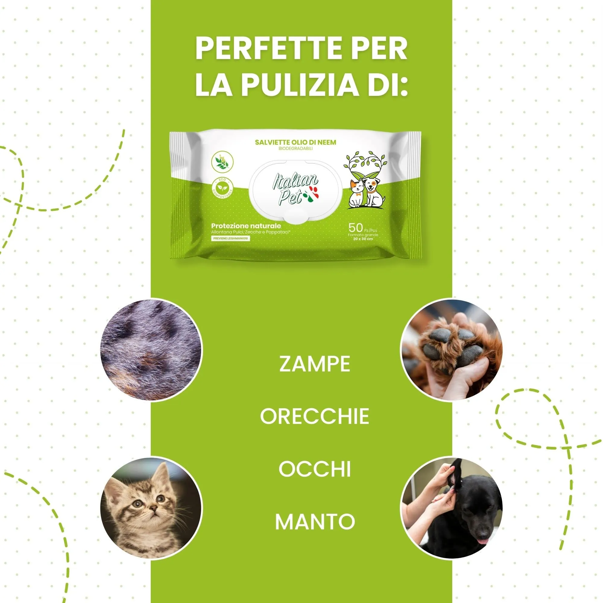 Italian Pet Salviette Biodegradabili all'Olio di Neem Antiparassitarie per Cani e Gatti, 50 Pezzi, 20x30 cm - immagine 7