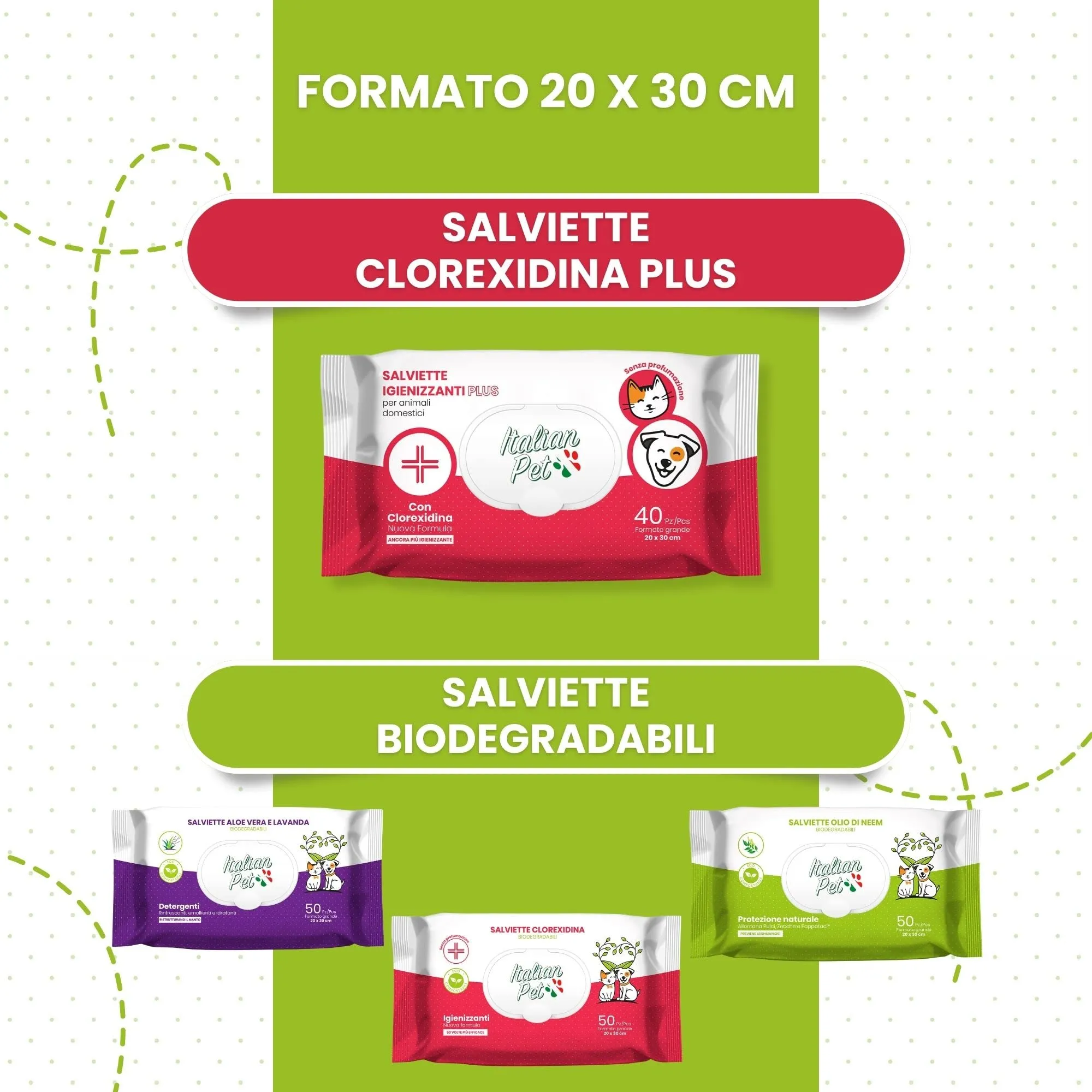 Italian Pet Salviette Biodegradabili all'Olio di Neem Antiparassitarie per Cani e Gatti, 50 Pezzi, 20x30 cm - immagine 8