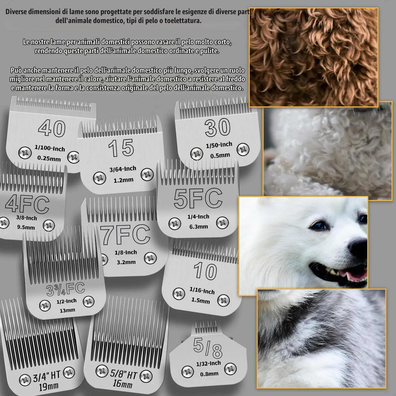YAZIYIR Lame Staccabili per Toelettatura Cani in Acciaio Inossidabile, compatibili con Andis, Oster A5, Heiniger, Moser Max 50, Wahl, 11 Pezzi (40, 10, 30, 15, 7FC, 5FC, 4FC, 3FC, 5/8HT, 3/4HT, 5/8N) - immagine 3