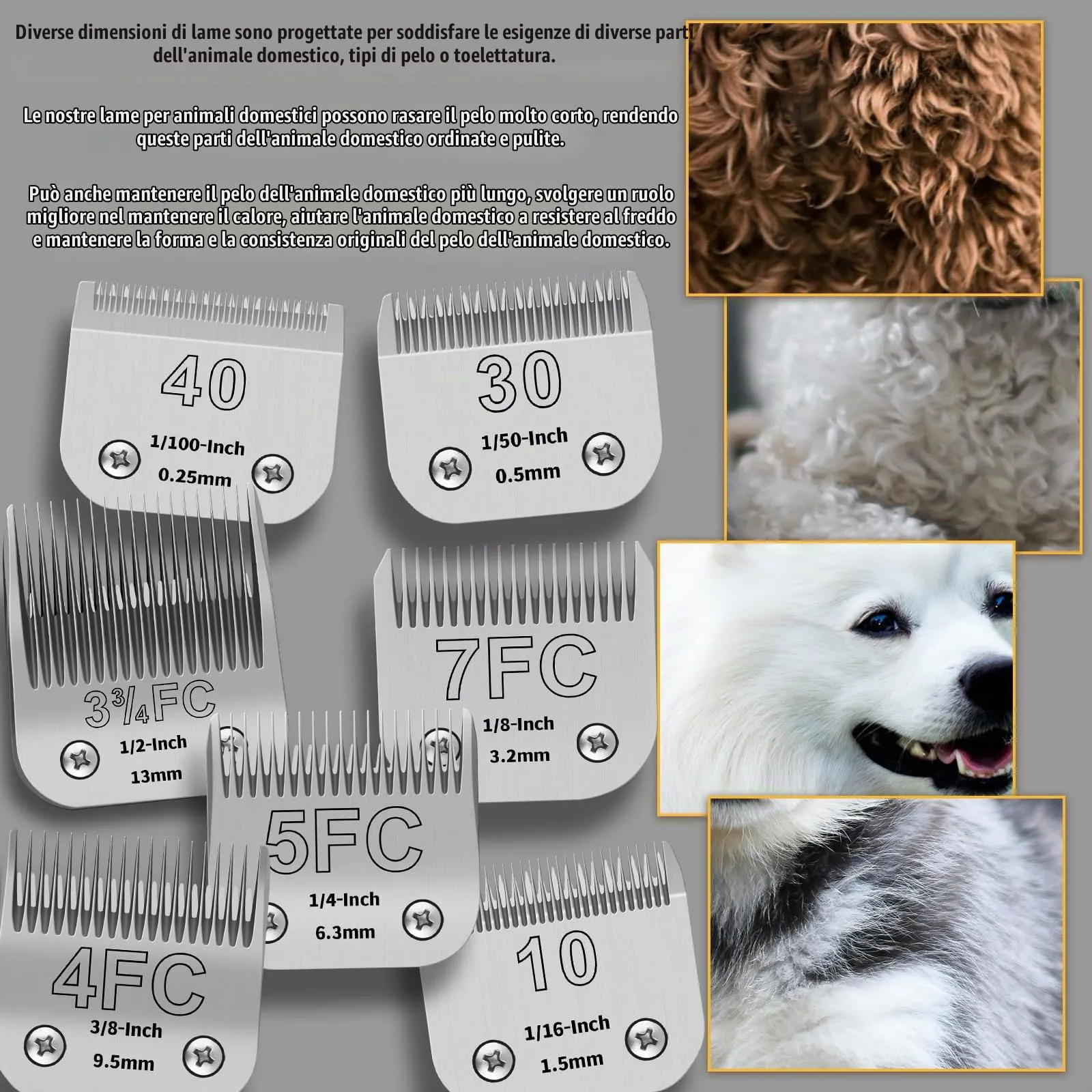 YAZIYIR Lame in Acciaio Inossidabile per Toelettatura Cani, Compatibili con Andis, Oster A5, Wahl KM-10, Taglie 10/30/40/7FC/5FC/4FC/3FC, 7 Pezzi - immagine 3