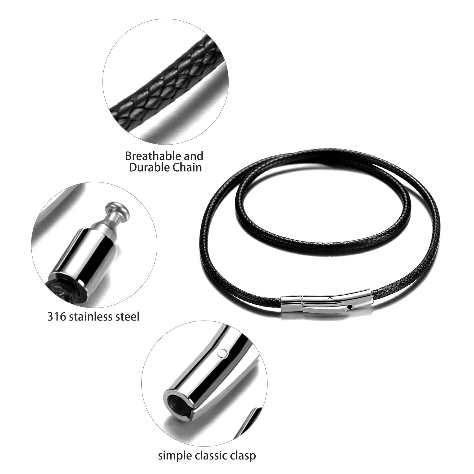 RWQIAN Collana in Pelle Sintetica Intrecciata con Chiusura in Acciaio Inossidabile, Nero, 2mm, 76cm - immagine 5