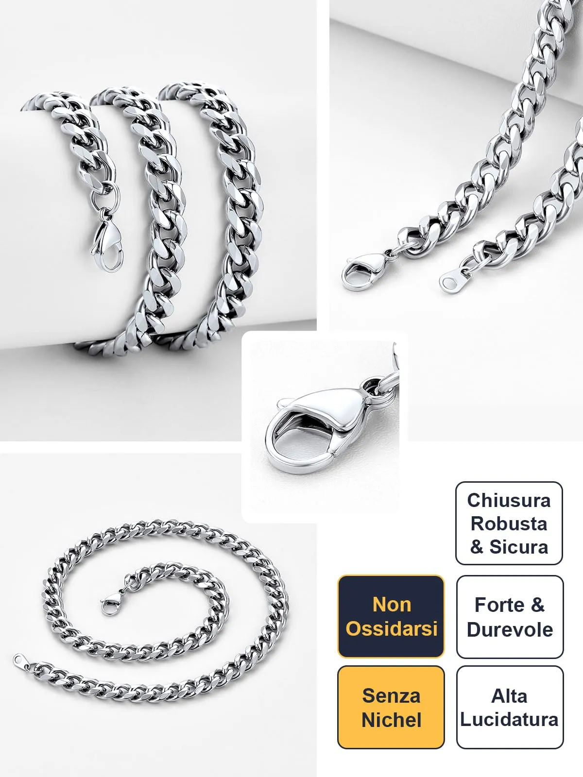 U7 Collana Uomo Catena Cubana in Acciaio Inossidabile, 9 mm x 56 cm - immagine 5
