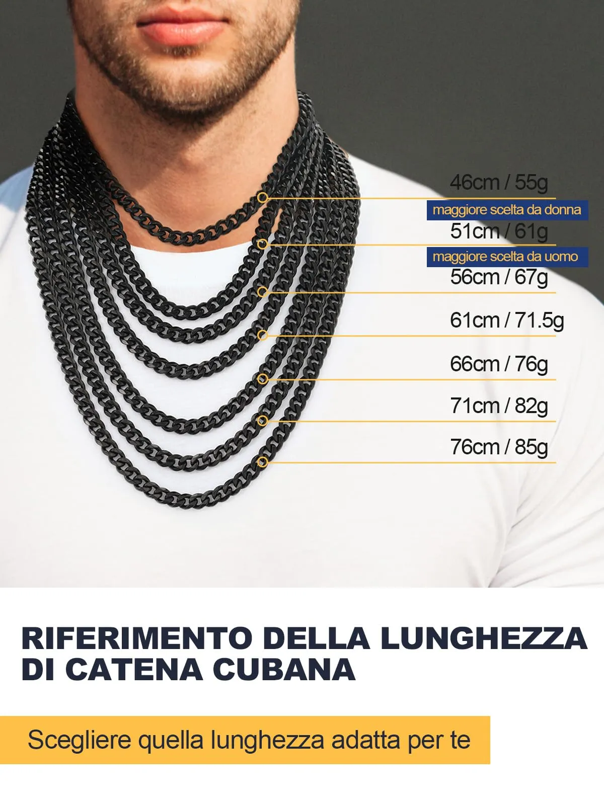 U7 Collana Uomo Catena Cubana in Acciaio Inox, Nera, 9 mm x 71 cm - immagine 3