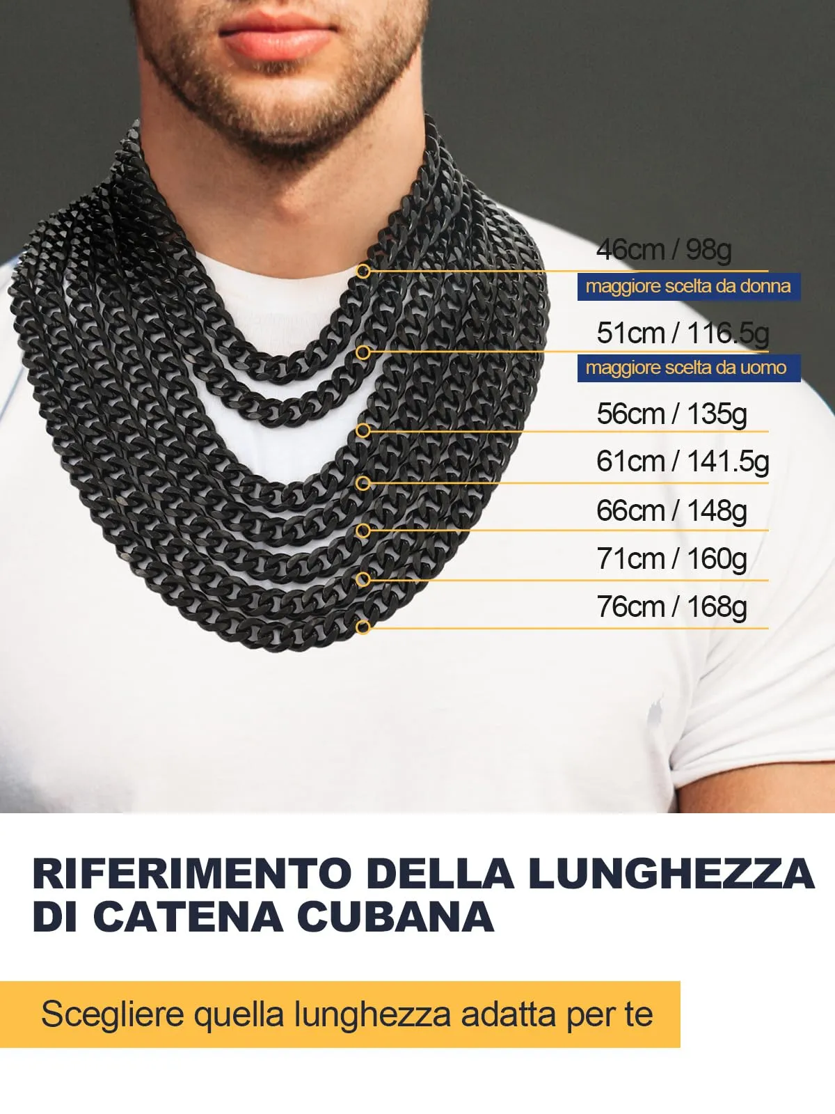 U7 Collana Uomo Catena Cubana in Acciaio Inox, Nera, 12 mm x 61 cm - immagine 6