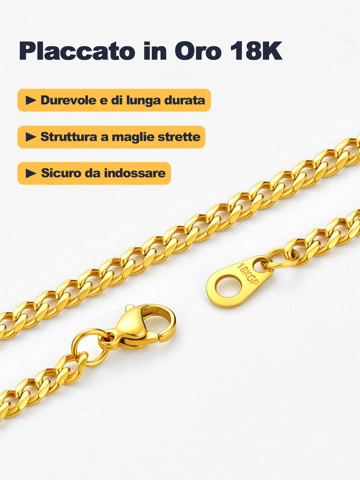 U7 Collana Catena Cubana in Acciaio Inox Oro 3 mm, 66 cm - immagine 5