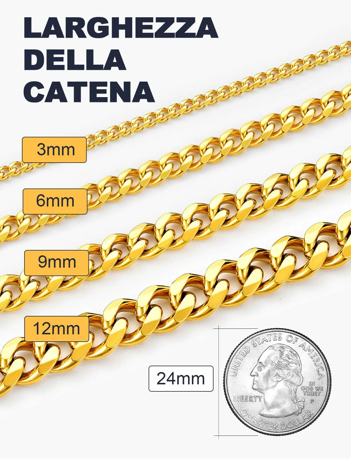 U7 Collana Catena Cubana in Acciaio Inox placcato Oro, 3 mm x 61 cm - immagine 7
