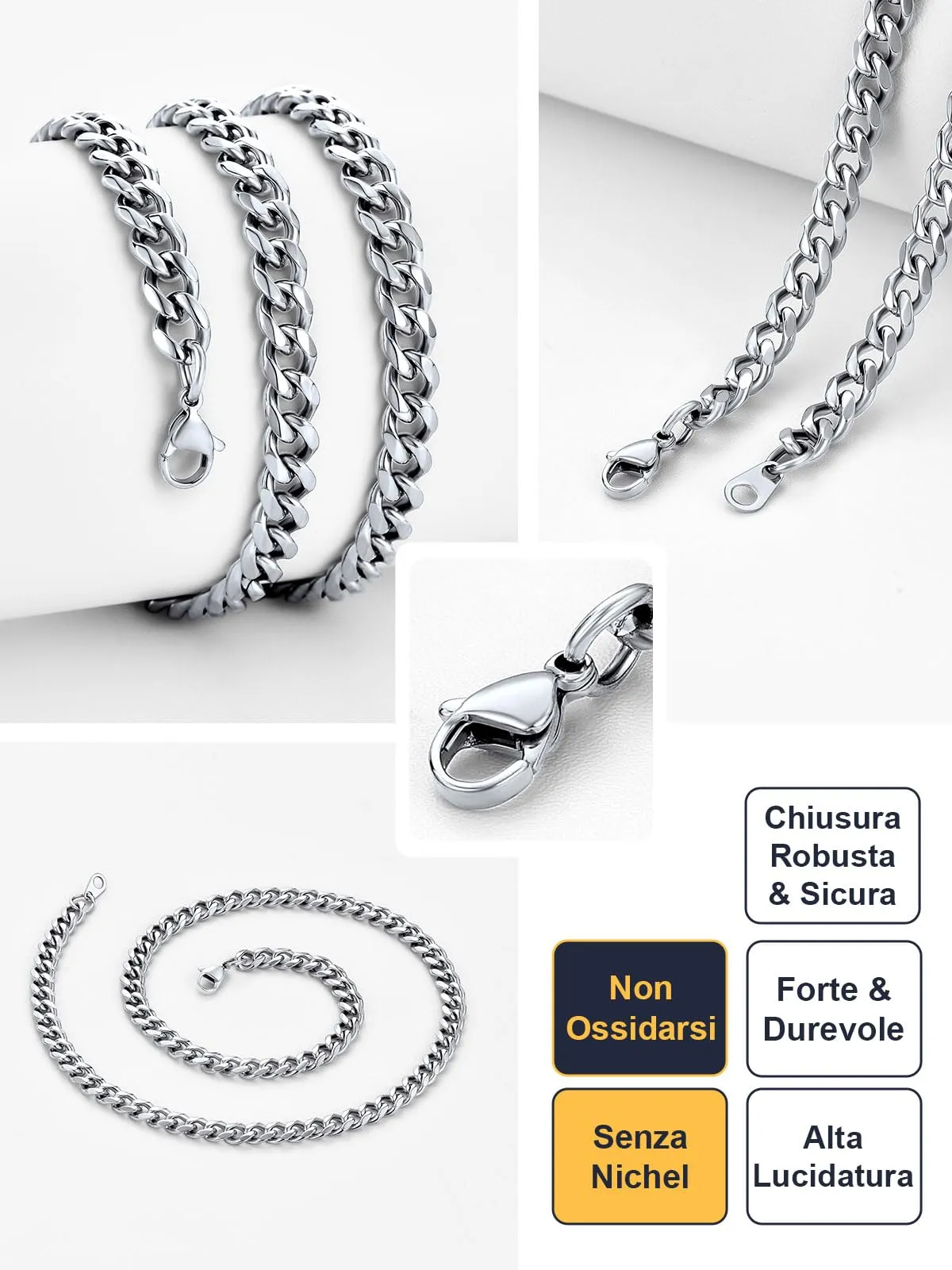 U7 Collana Uomo Catena Cubana in Acciaio Inossidabile 6 mm, 61 cm - immagine 4