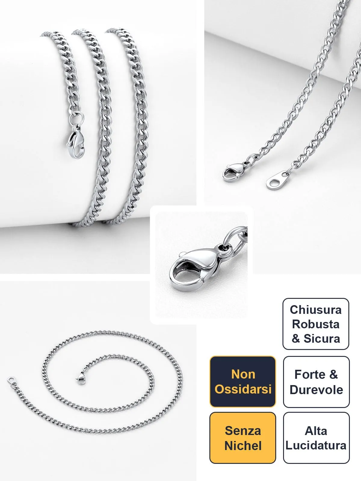 U7 Collana Catena Cubana in Acciaio Inossidabile, 3 mm x 76 cm - immagine 5