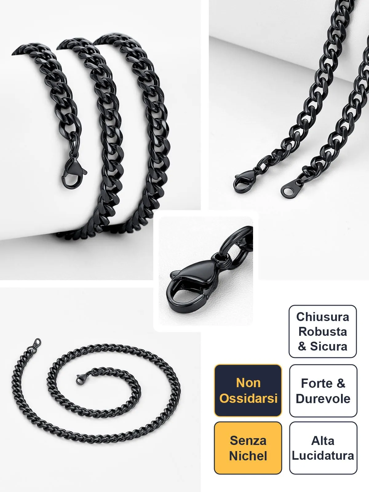 U7 Collana Uomo Catena Cubana in Acciaio Inox, 6 mm, 55 cm, Nera - immagine 4