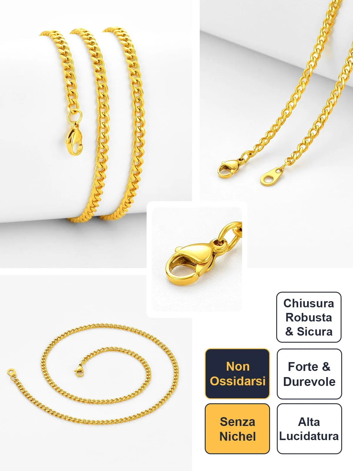 U7 Collana Catena Cubana in Acciaio Inox Oro 3 mm, 76 cm - immagine 4