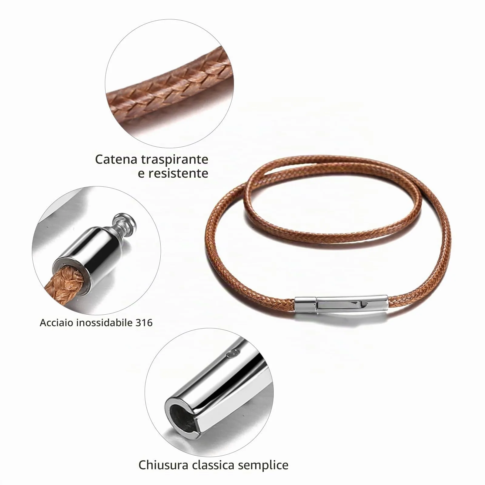 RWQIAN Collana in Pelle Sintetica Intrecciata Marrone con Chiusura in Acciaio Inossidabile, 66cm, 3mm - immagine 3