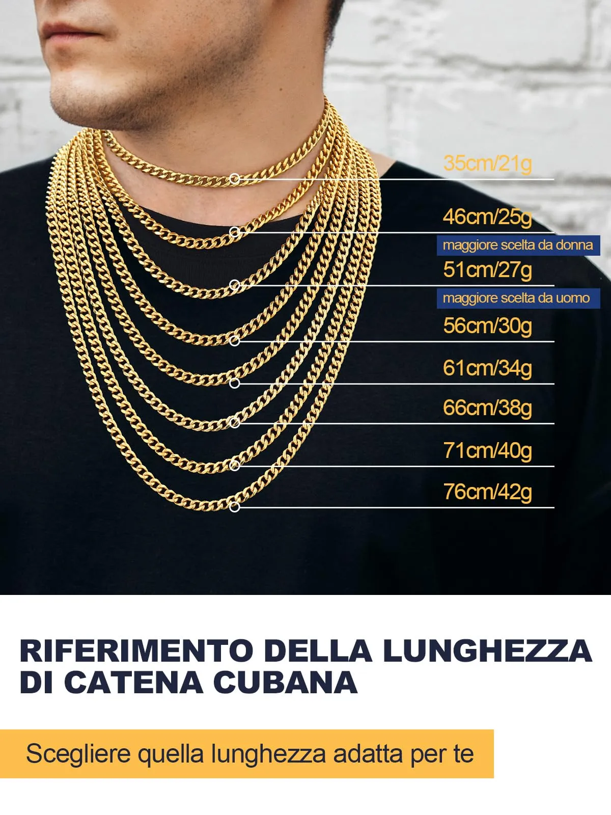 U7 Collana Uomo Catena Cubana in Acciaio Inox Oro 6 mm 76 cm - immagine 4