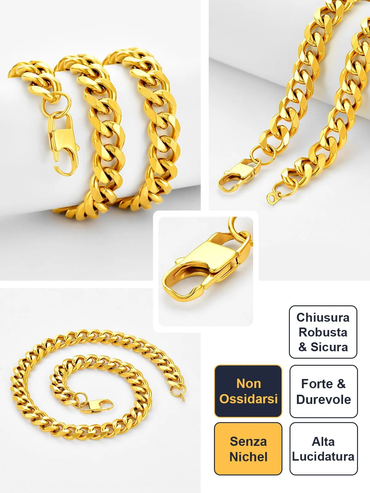 U7 Collana Uomo Catena Cubana Oro Acciaio Inox 12 mm 61 cm - immagine 4