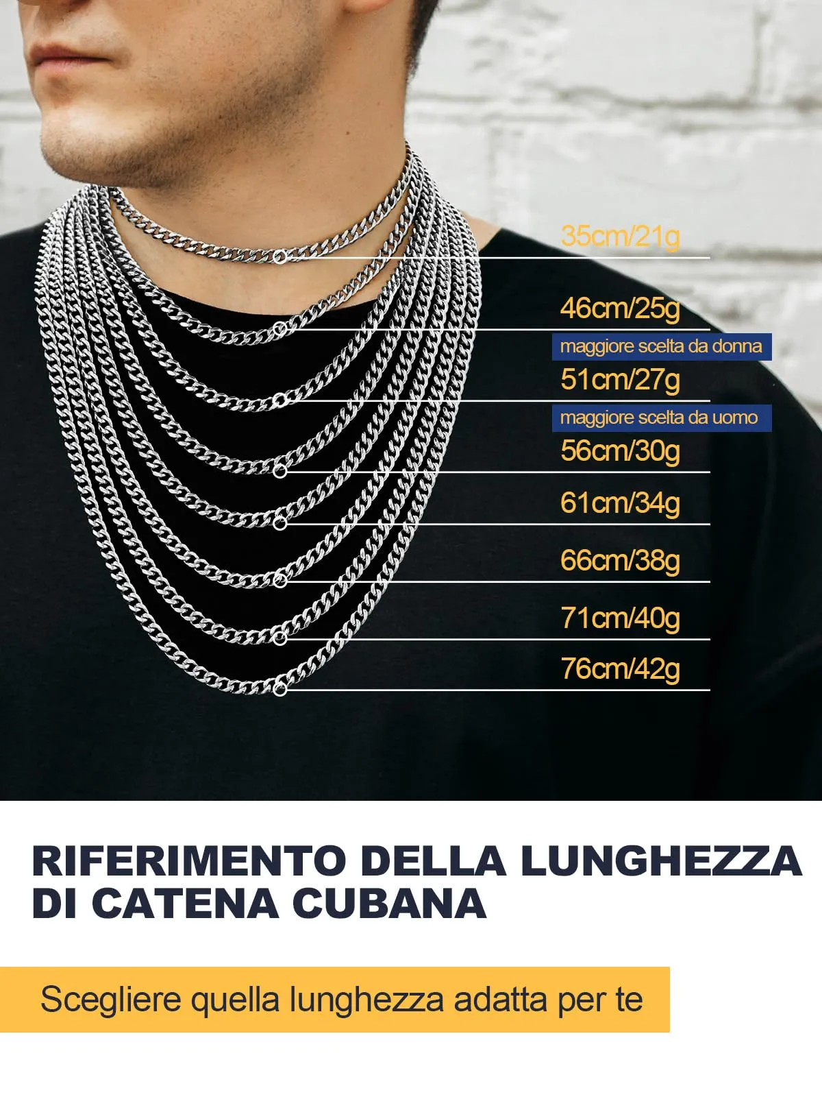 U7 Collana Uomo Catena Cubana in Acciaio Inossidabile 6 mm, 76 cm - immagine 3