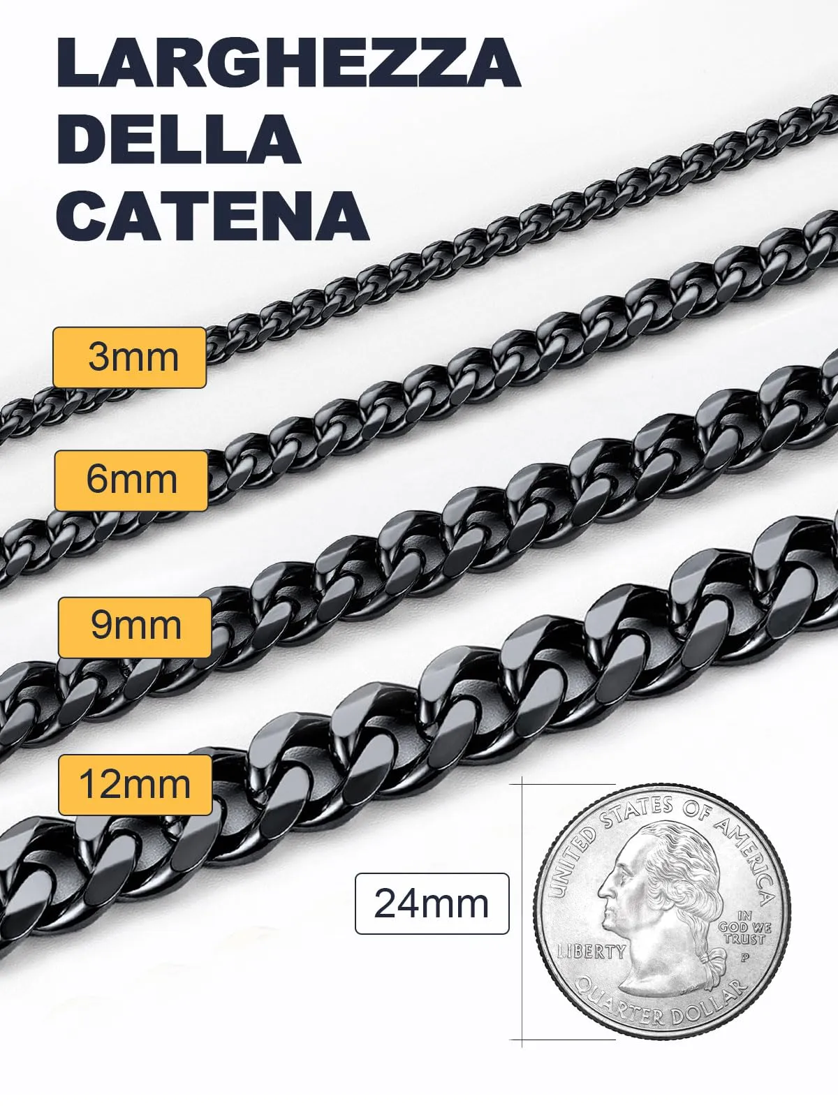 U7 Collana Catena Cubana in Acciaio Inox Nera, 3 mm x 76 cm - immagine 7